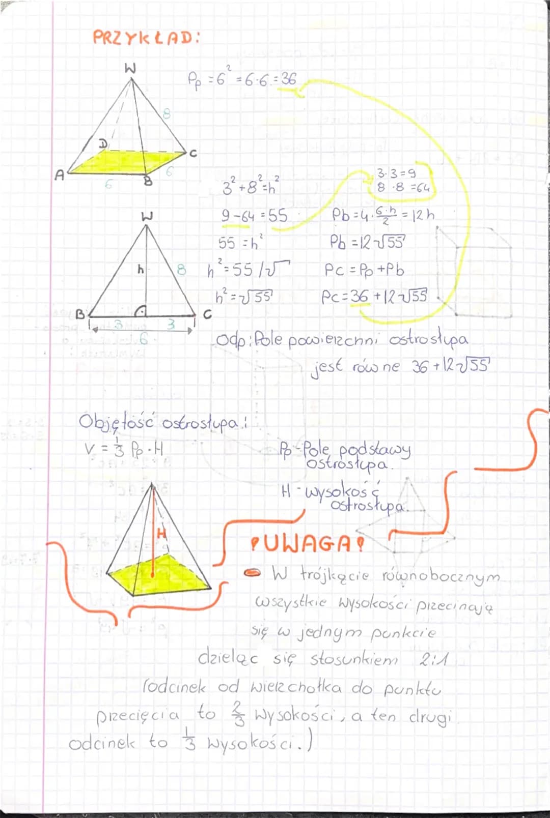 --- OCR Start ---
D
PRZYKŁAD:
W $P_{P}=6^{2}=6\cdot6=36$
00
C
A
6
6
B
W
$3^{2}+8^{2}=h^{2}$
$3\cdot3=9$
$8\cdot8=64$
$9-64=55$ $Pb=4\cdot\fr