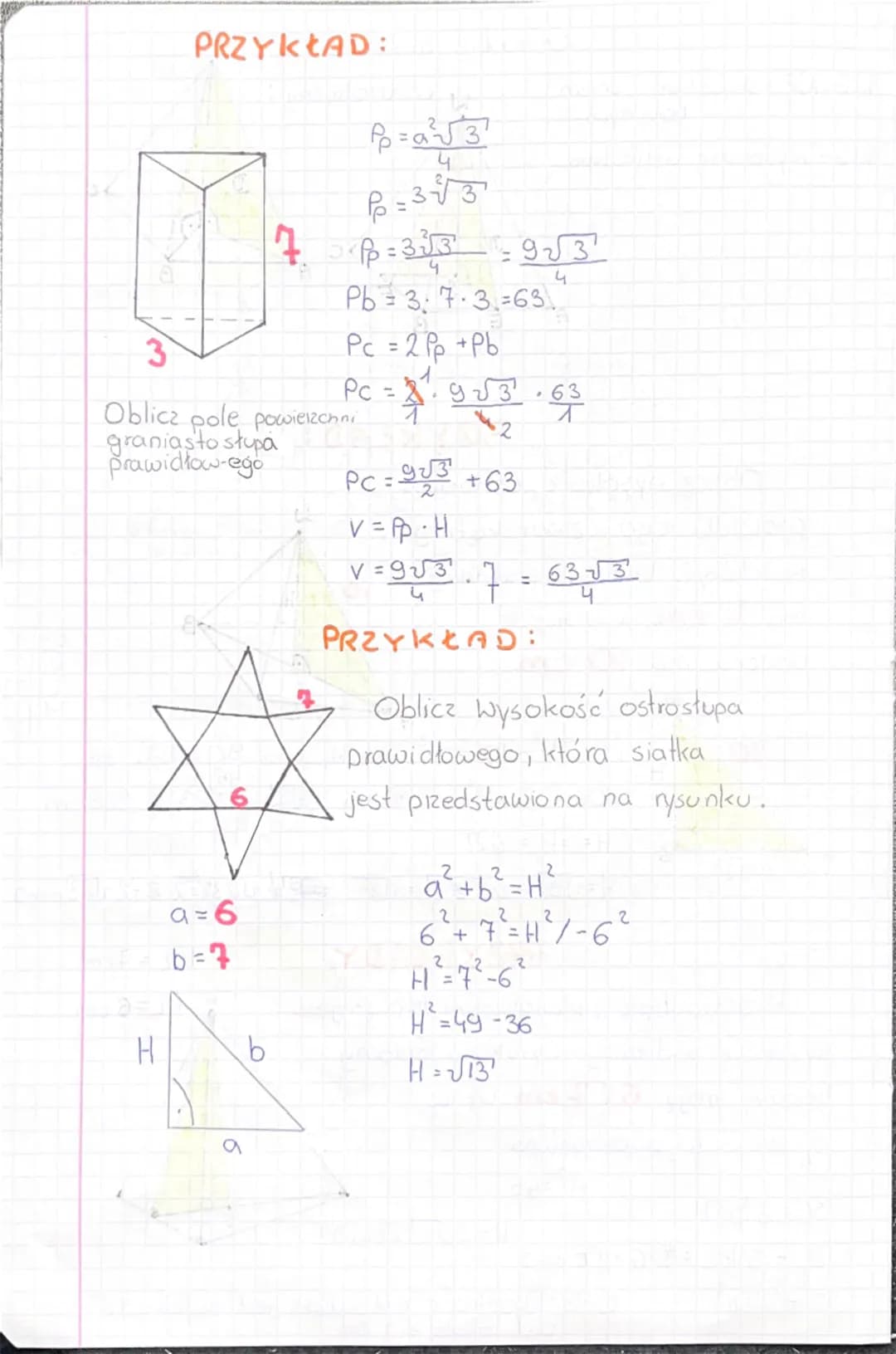 --- OCR Start ---
D
PRZYKŁAD:
W $P_{P}=6^{2}=6\cdot6=36$
00
C
A
6
6
B
W
$3^{2}+8^{2}=h^{2}$
$3\cdot3=9$
$8\cdot8=64$
$9-64=55$ $Pb=4\cdot\fr