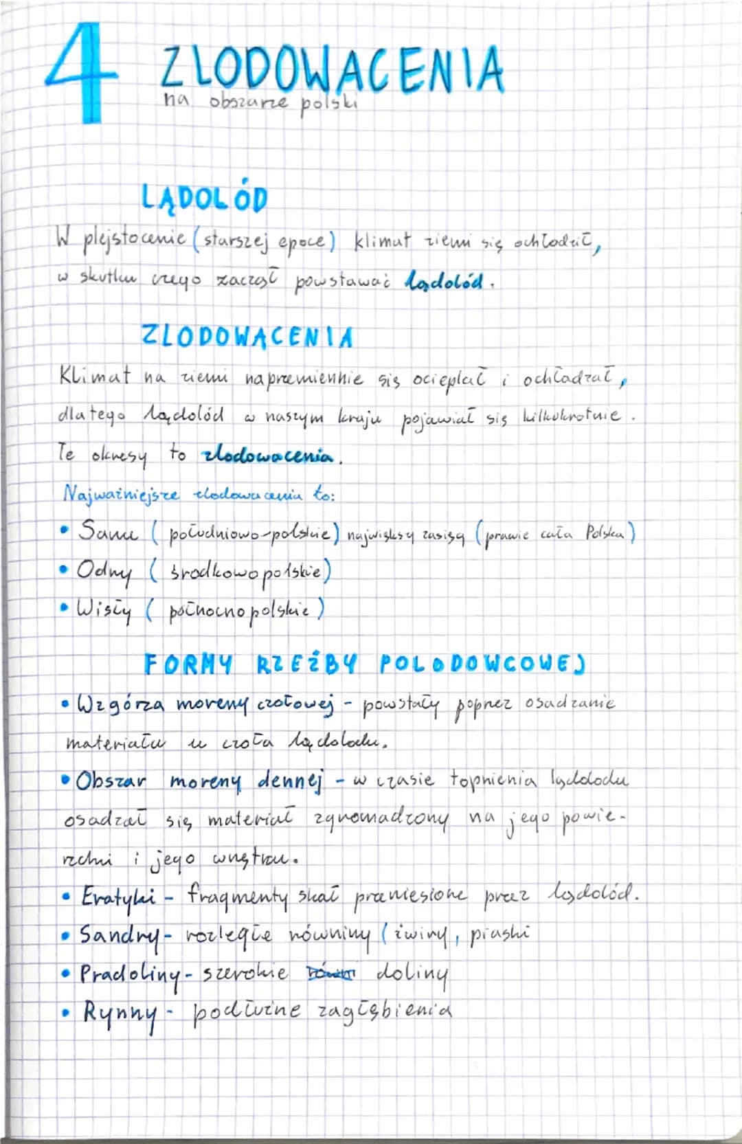 4 ZLODOWACENIA
na obszarze polski
LĄDOLÓD
W pleistocenie (starszej epoce) klimat ziemi się ochłodził,
w skutku czego zaczął powstawać lądoló