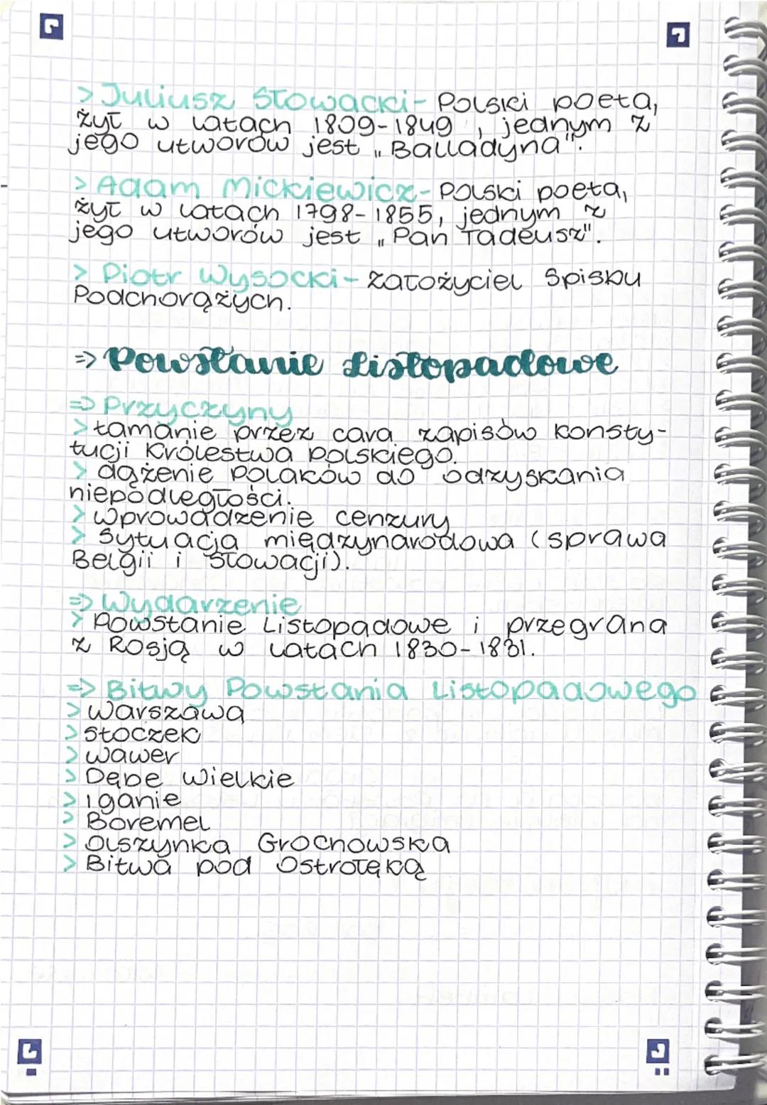 L
◉
Cristória
powłorzenie wiadomości
→ Daly
>1815v. - Stworzenie Królestwa Polskiego
>1828r. -Spisek podchorążych
> 1830r. - Powstanie Listo