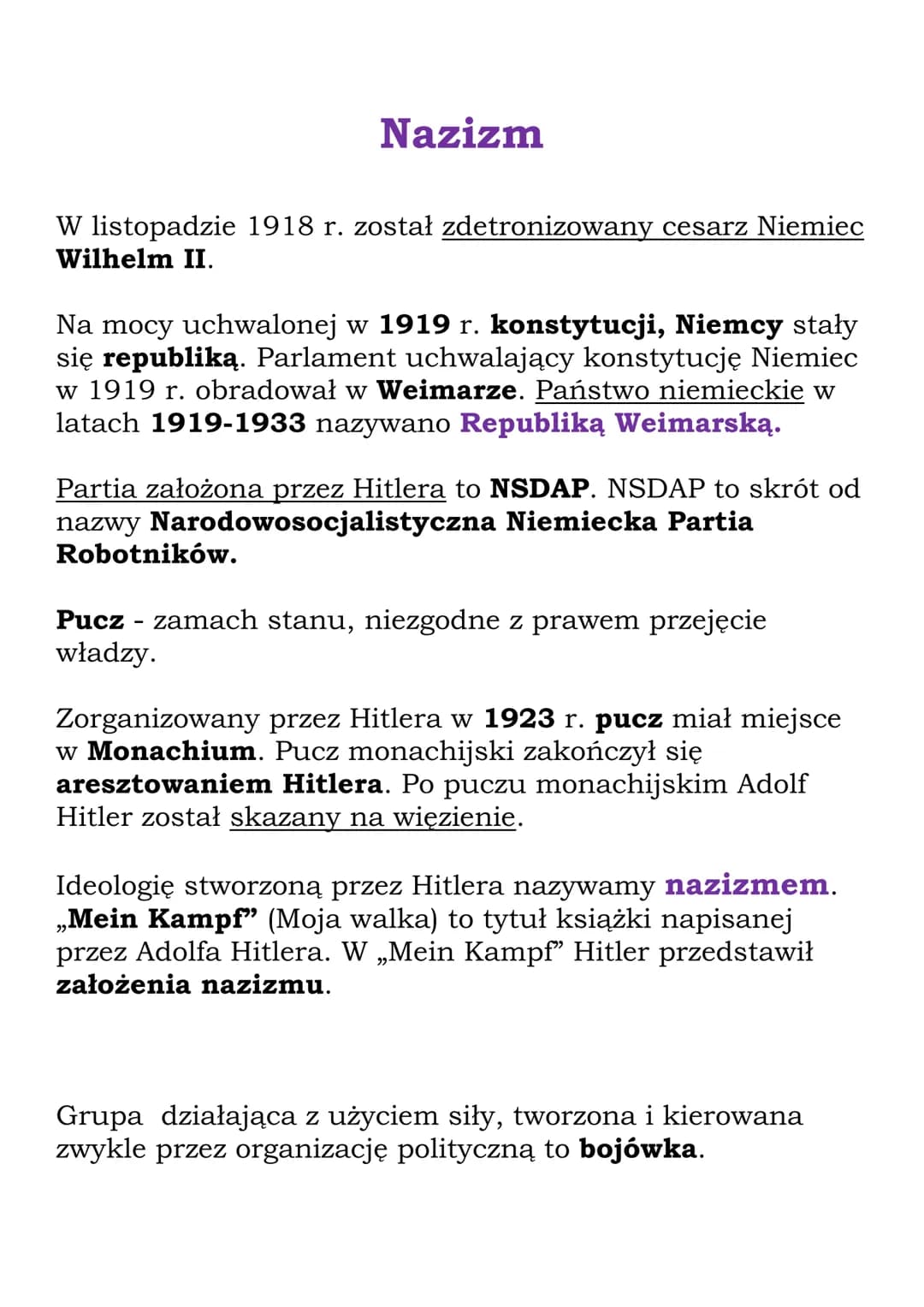 Nazizm
W listopadzie 1918 r. został zdetronizowany cesarz Niemiec
Wilhelm II.
Na mocy uchwalonej w 1919 r. konstytucji, Niemcy stały
się rep