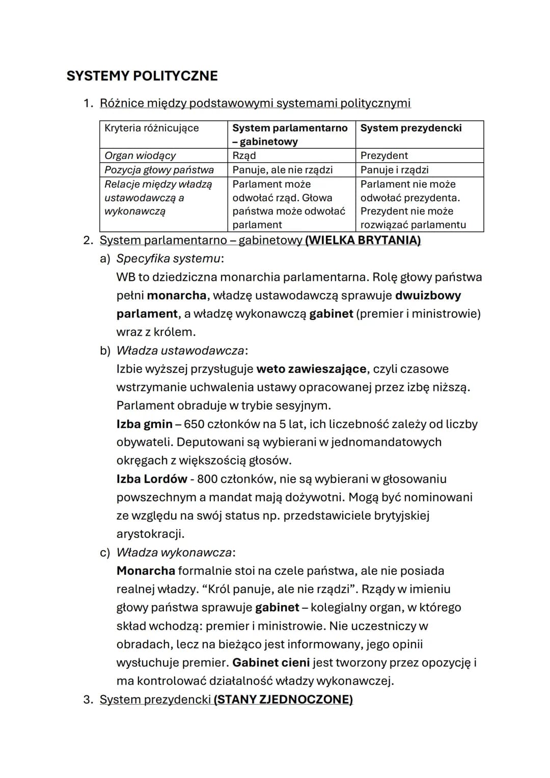 SYSTEMY POLITYCZNE
1. Różnice między podstawowymi systemami politycznymi
Kryteria różnicujące
Organ wiodący
Pozycja głowy państwa
Relacje mi