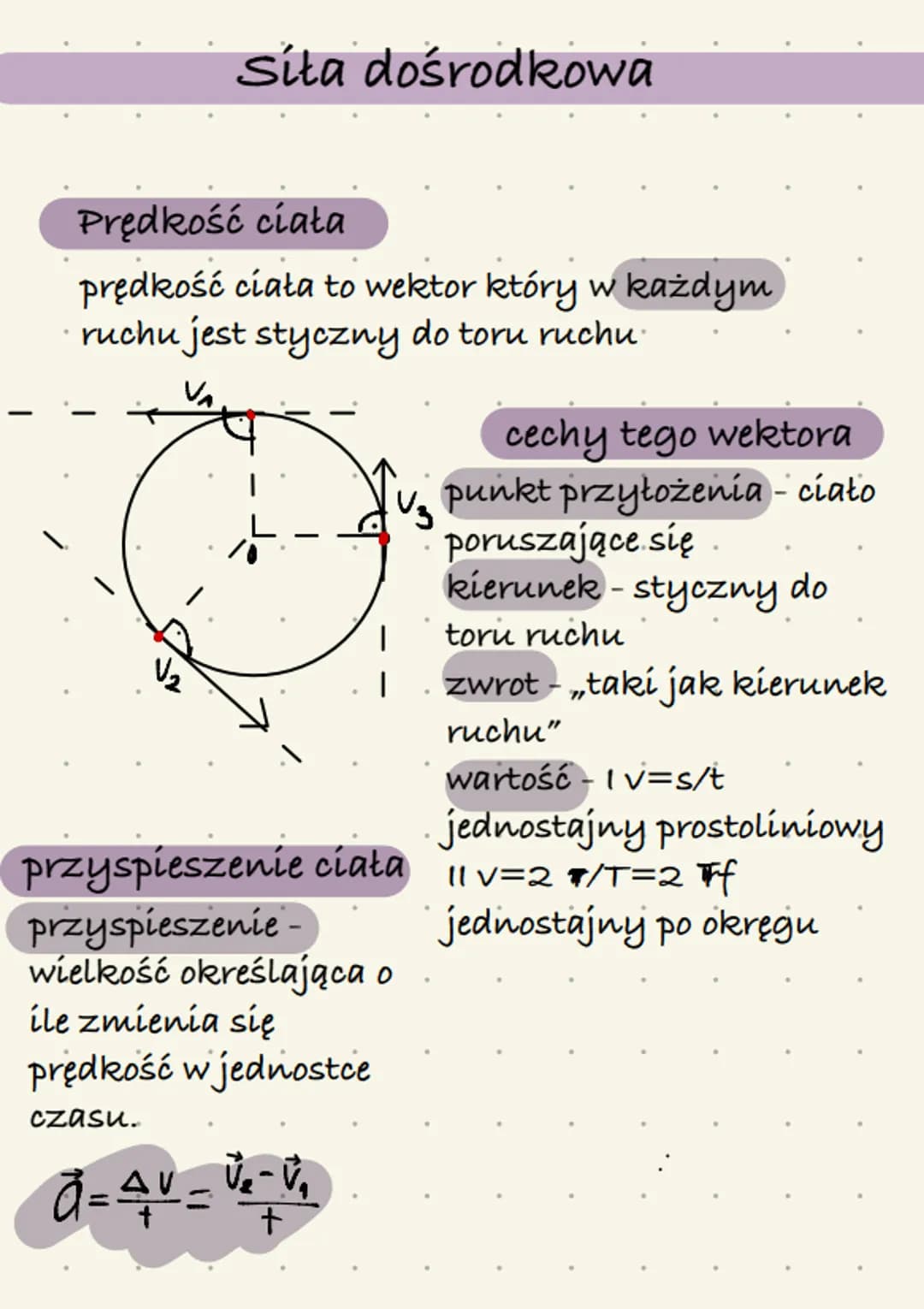 
<h2 id="wektorprdkociiprzyspieszenia">Wektor prędkości i przyspieszenia</h2>
<p>Prędkość ciała to wektor, który w każdym ruchu jest styczny