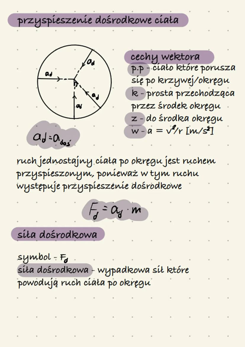 
<h2 id="wektorprdkociiprzyspieszenia">Wektor prędkości i przyspieszenia</h2>
<p>Prędkość ciała to wektor, który w każdym ruchu jest styczny