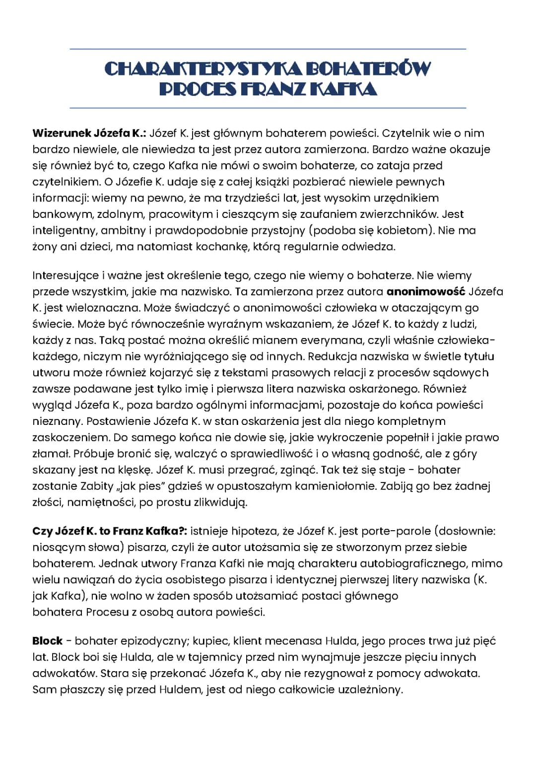 Charakterystyka bohaterów Procesu F.Kafka