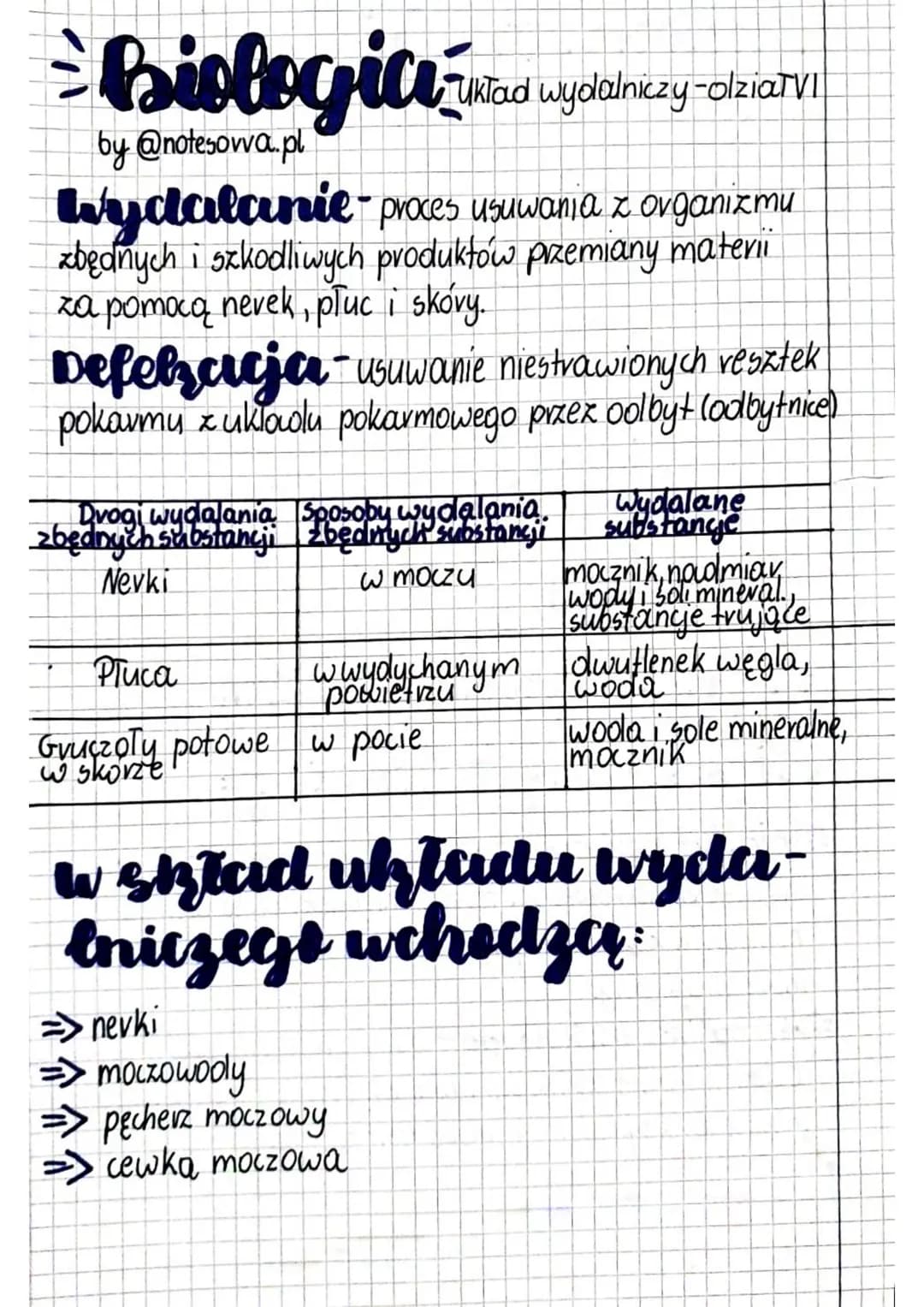 biologia
by @notesowa.pl
Wydalanie- proces usuwania z organizmu
zbędnych i szkodliwych produktów przemiany materii
za pomocą nevek, płuc i s