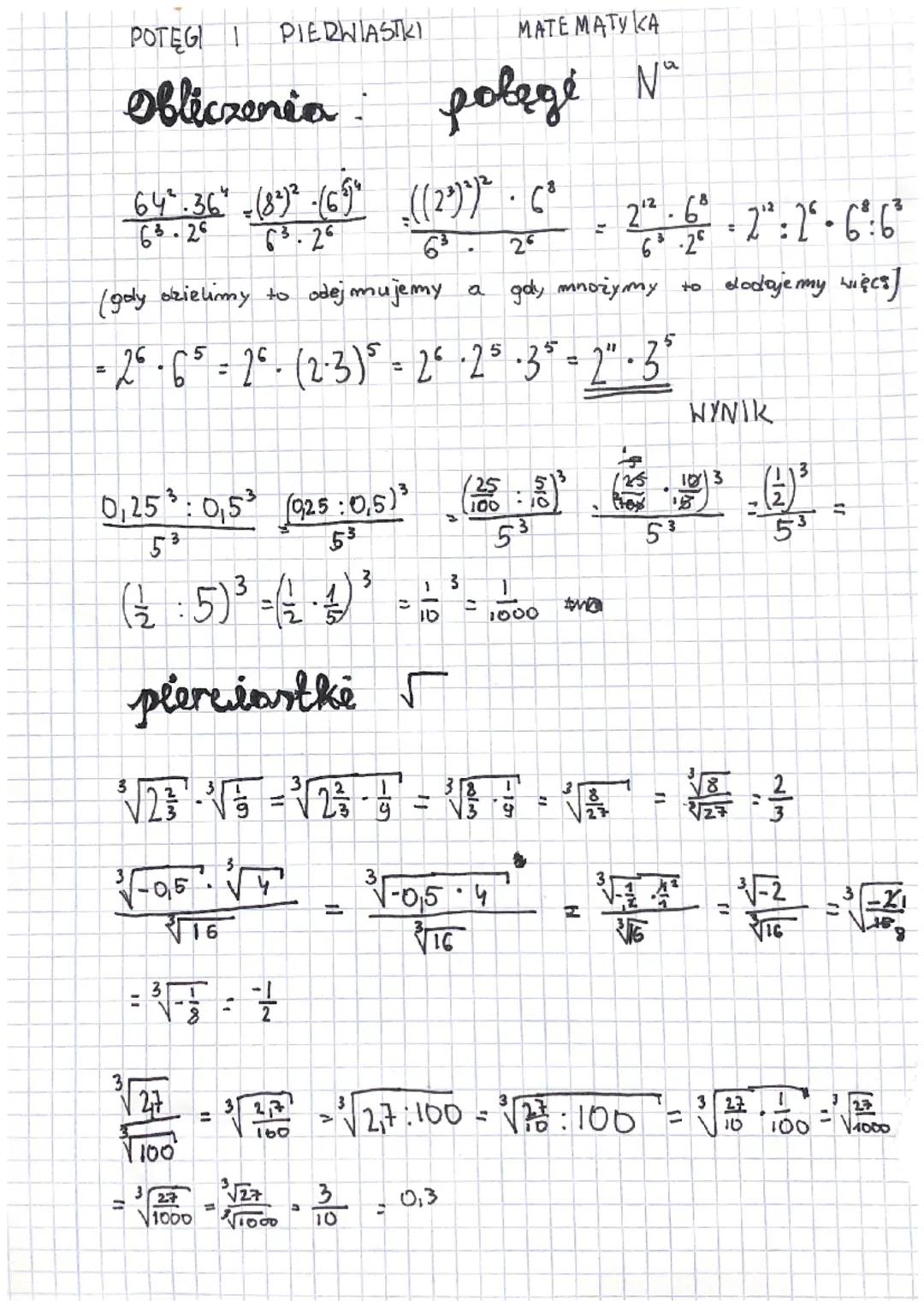 POTEGI I PIERWIASTKI MATEMATYKA

Obliczenia pobegé $N^{a}$

$\frac{64^{2} \cdot 36^{4}}{6^{3} \cdot 2^{6}} - \frac{(8^{2})^{2} \cdot (6^{5})