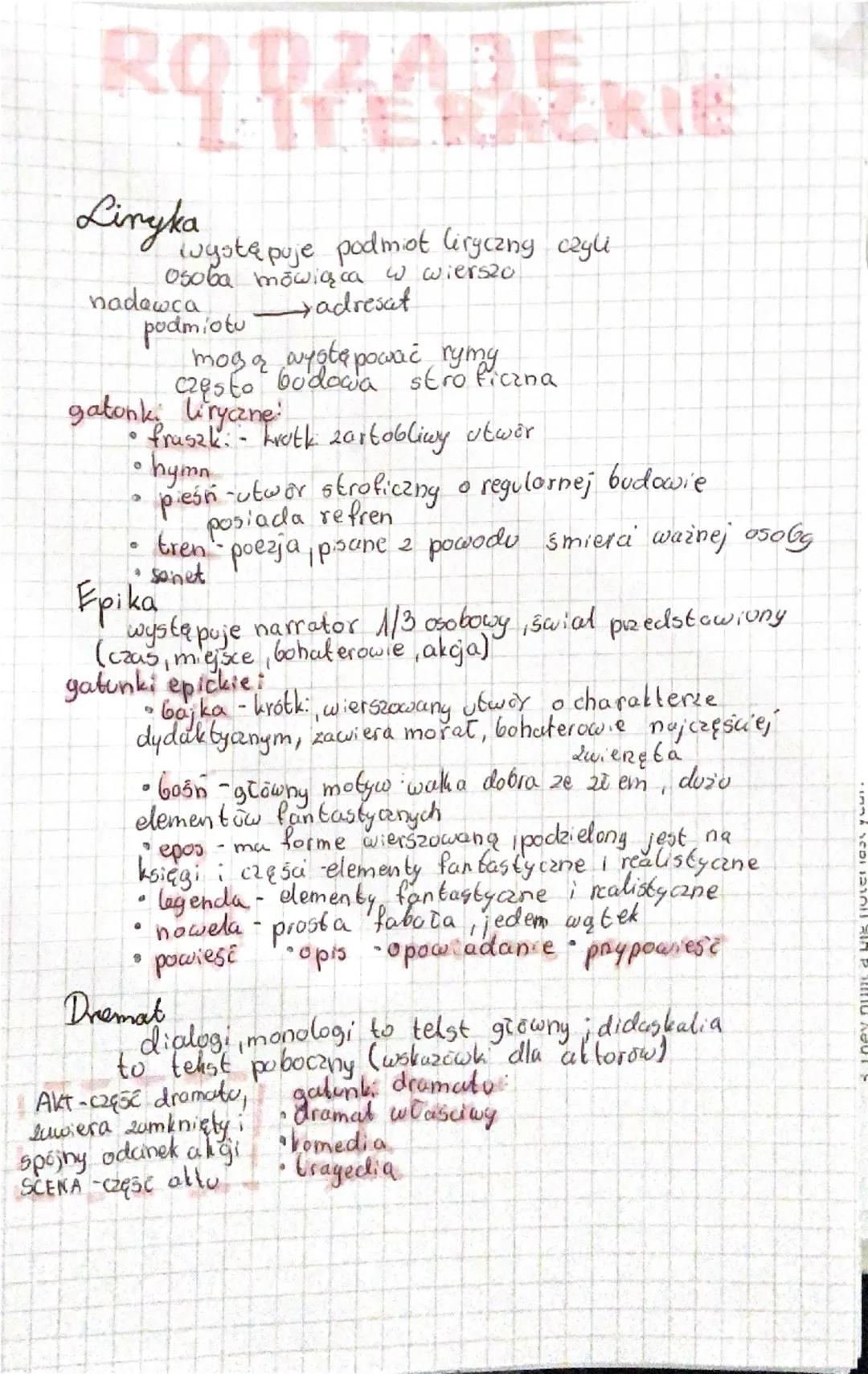 RODZADEH
7 TTE RAZKIE
Liryka
występuje podmiot liryczny czyli
osoba mówiąca w wierszo
nadawca
podmiotu
→adresat
mogą występować rymy
cęsto b