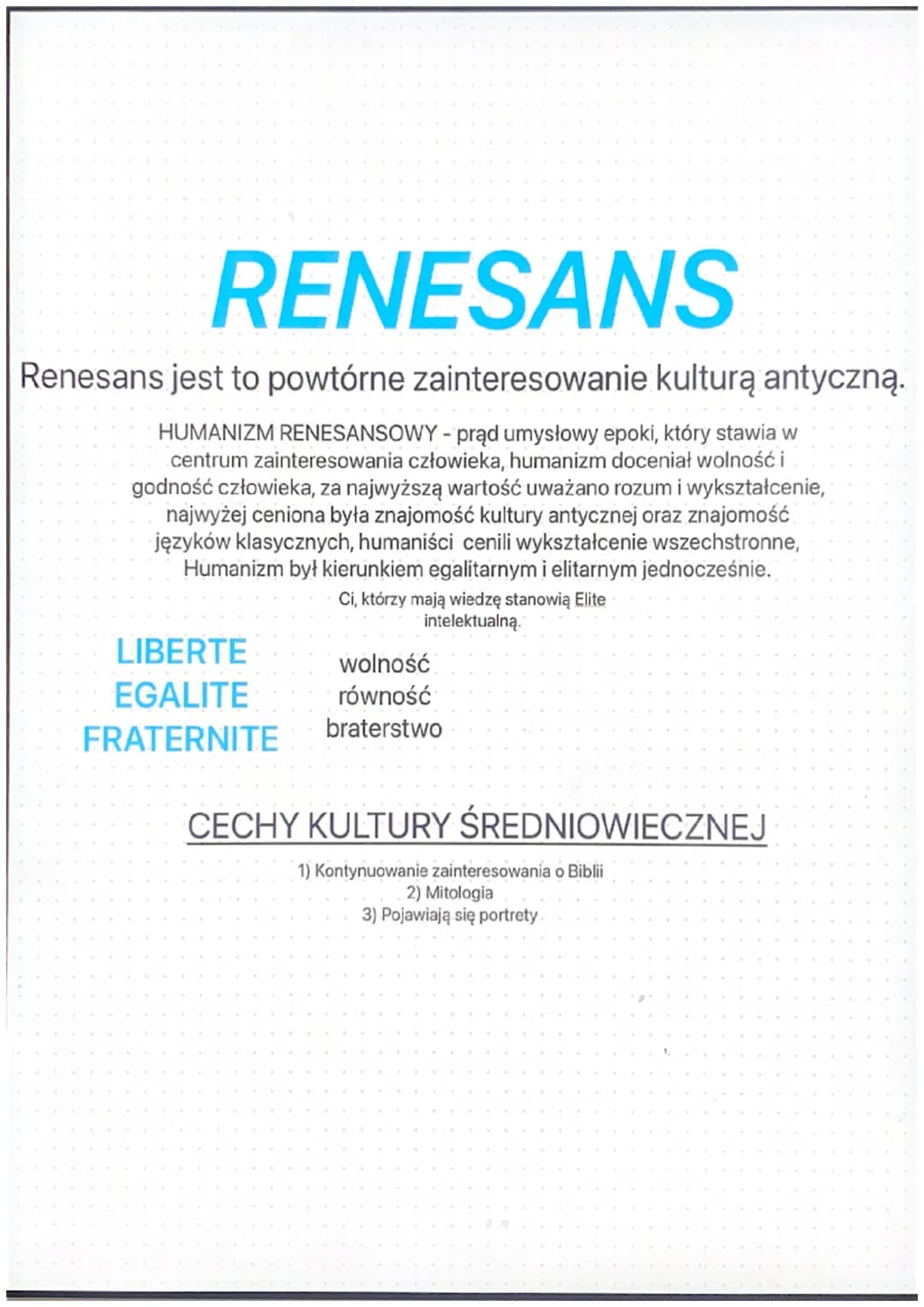 RENESANS
Renesans jest to powtórne zainteresowanie kulturą antyczną.
HUMANIZM RENESANSOWY - prąd umysłowy epoki, który stawia w
centrum zain