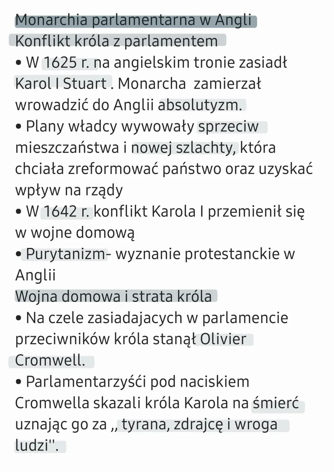 Monarchia parlamentarna w Angli
Konflikt króla z parlamentem
• W 1625 r. na angielskim tronie zasiadł
Karol I Stuart. Monarcha zamierzał
wro