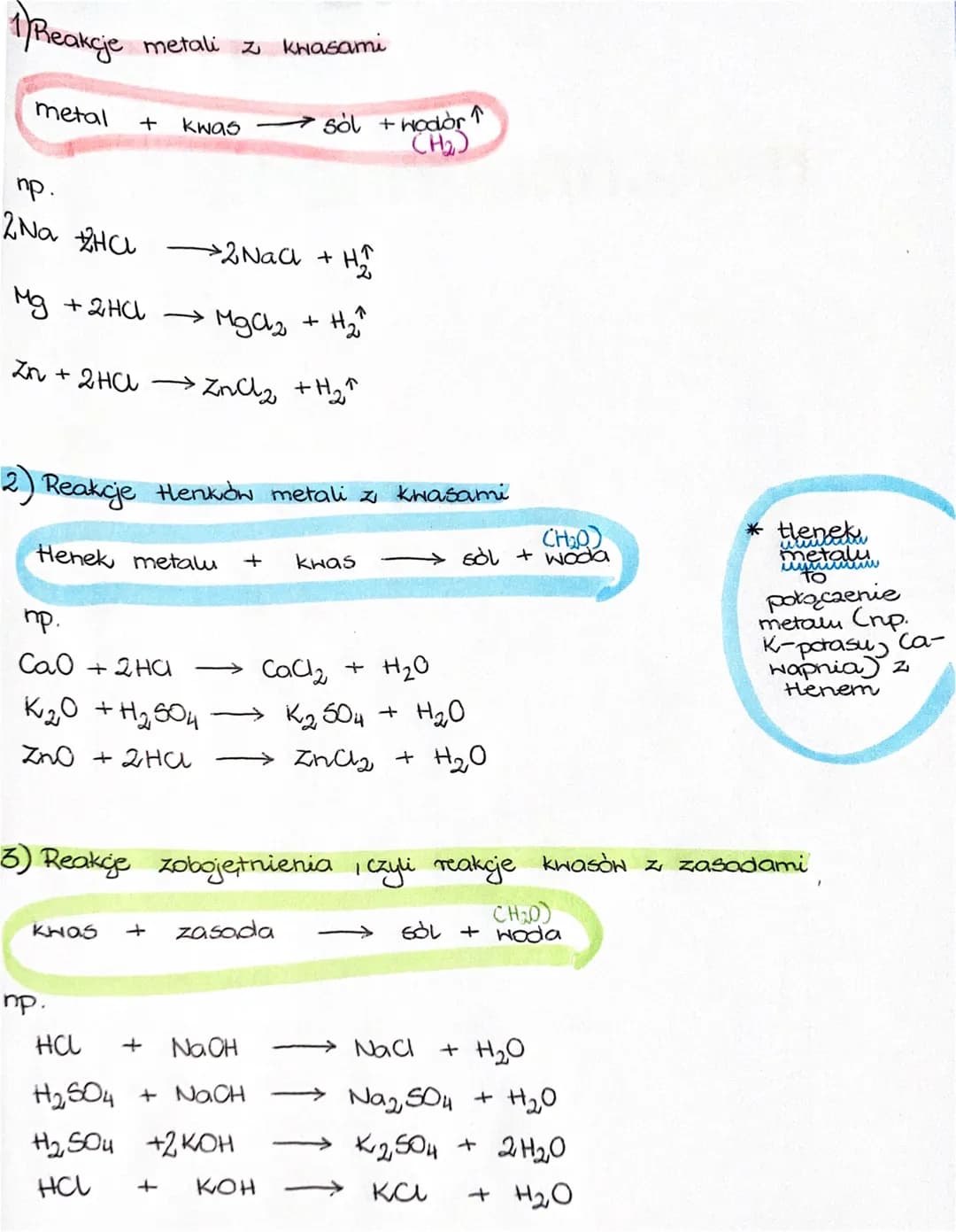 1 Reakcje
metal
np.
2 Na Ha
metali z Kwasami
+
→2 NaCl + H₂T
Mg + 2HCl → MgCl₂ + H₂
Zn + 2HA →→ ZnCl₂ + H₂^
kwas
Henek metalu
np.
cao t2 Ha
