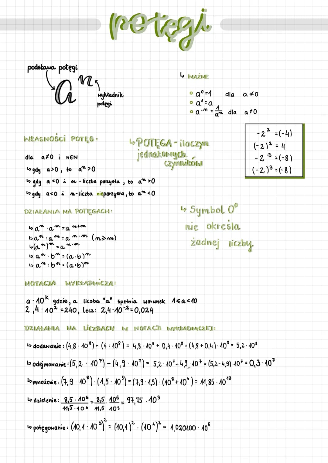 podstawa potęgi
an
WŁASNOŚCI POTĘG
n
↳a
↳an: a
↳(an)m
dla a#0 i NEN
↳gdy a>0, to an>0
L> gdy a ²0 in-liczba parzysta, to an >0
↳gdy a<o i m-