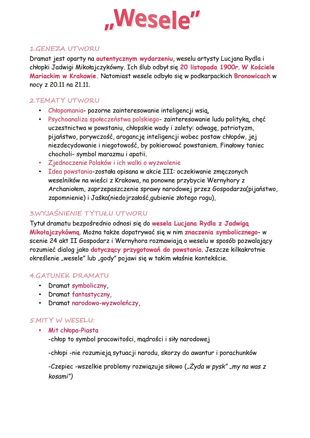 ,,Wesele"
1.GENEZA UTWORU
Dramat jest oparty na autentycznym wydarzeniu, weselu artysty Lucjana Rydla i
chłopki Jadwigi Mikołajczykówny. Ich