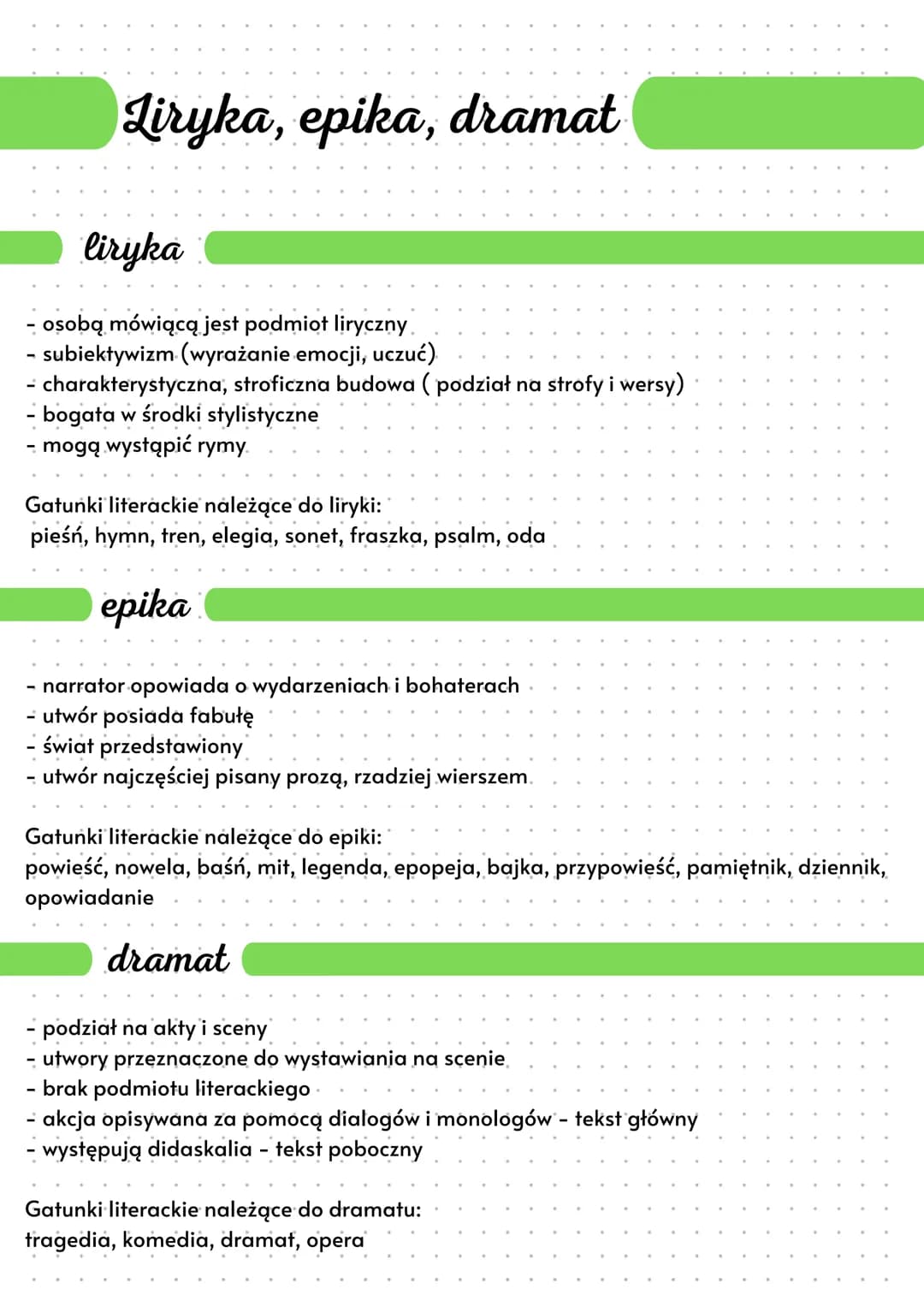 Liryka, epika, dramat
liryka
osobą mówiącą jest podmiot liryczny.
subiektywizm (wyrażanie emocji, uczuć).
- charakterystyczna, stroficzna bu