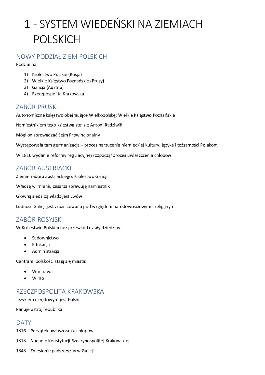 Ziemie polskie po kongresie wiedeńskim: notatka i mapa dla klasy 7