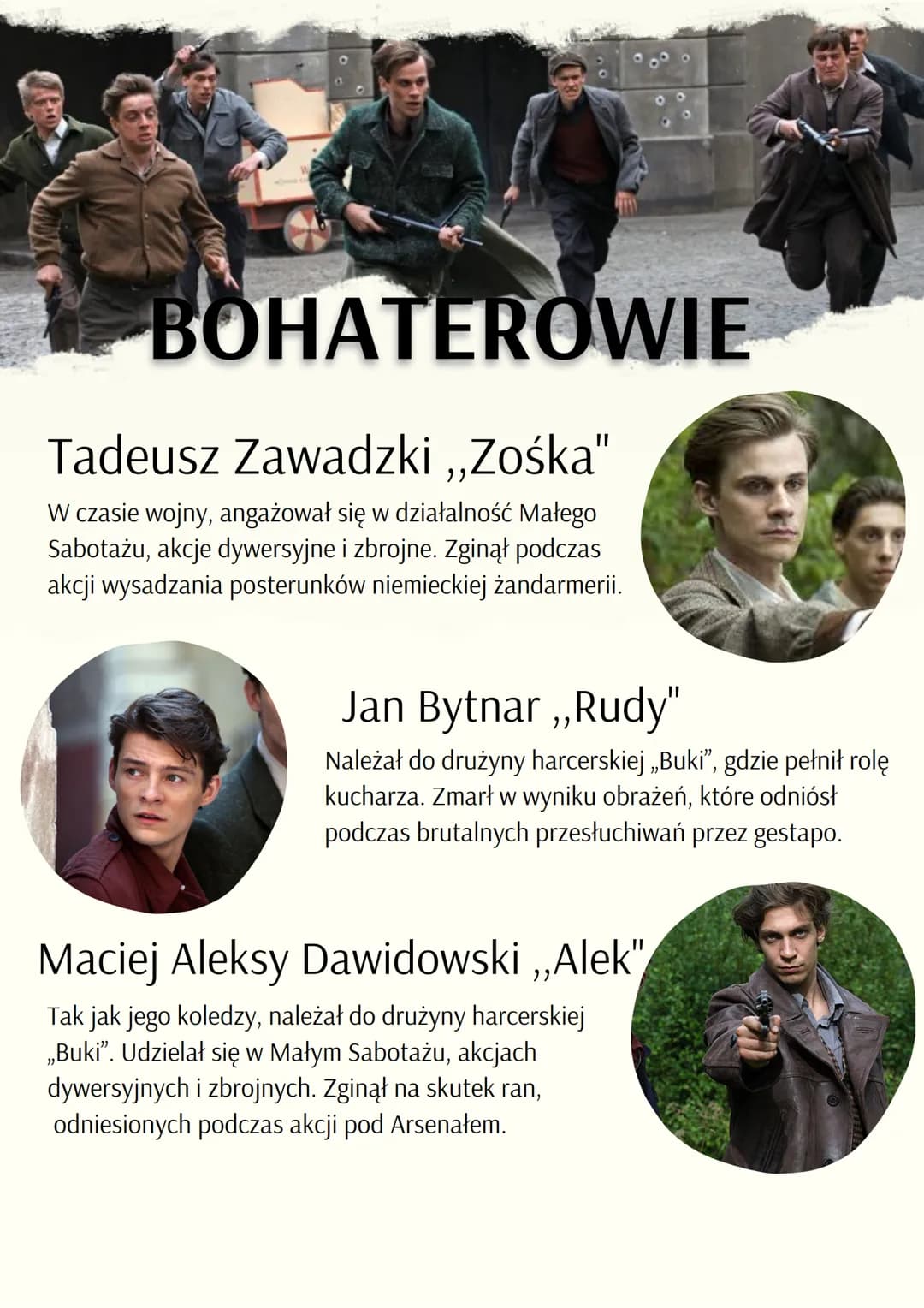 
<p>Tadeusz Zawadzki ,,Zośka"<br />
W czasie wojny, angażował się w działalność Małego Sabotażu, akcje dywersyjne i zbrojne. Zginął podczas 
