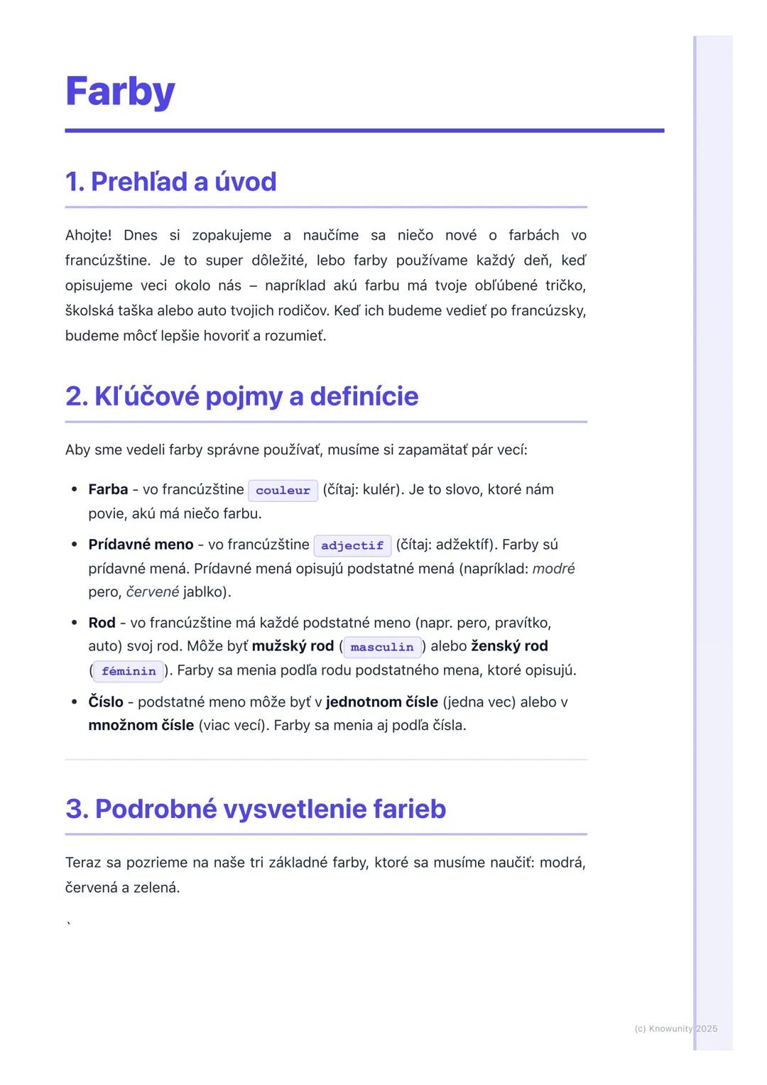 # Farby

## 1. Prehľad a úvod

Ahojte! Dnes si zopakujeme a naučíme sa niečo nové o farbách vo
francúzštine. Je to super dôležité, lebo farb