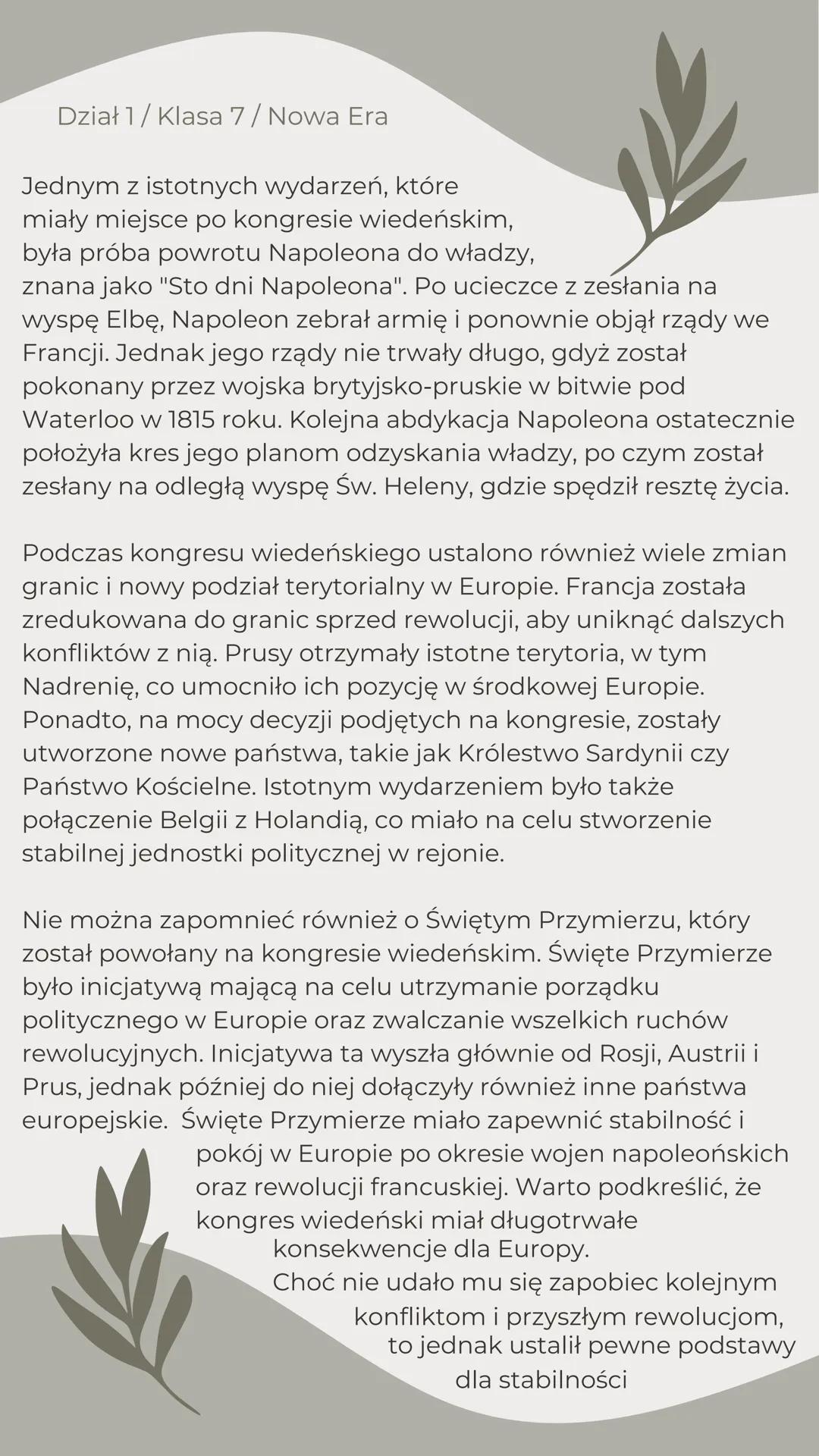 Dział 1/ Klasa 7/ Nowa Era
KONGRES
WIEDEŃSKI
Kongres wiedeński, który odbył się w
latach 1814-1815, był jednym z najważniejszych wydarzeń w
