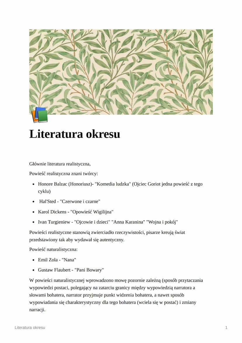 Literatura okresu
Głównie literatura realistyczna,
Powieść realistyczna znani twórcy:
• Honore Balzac (Honoriusz)- "Komedia ludzka" (Ojciec 