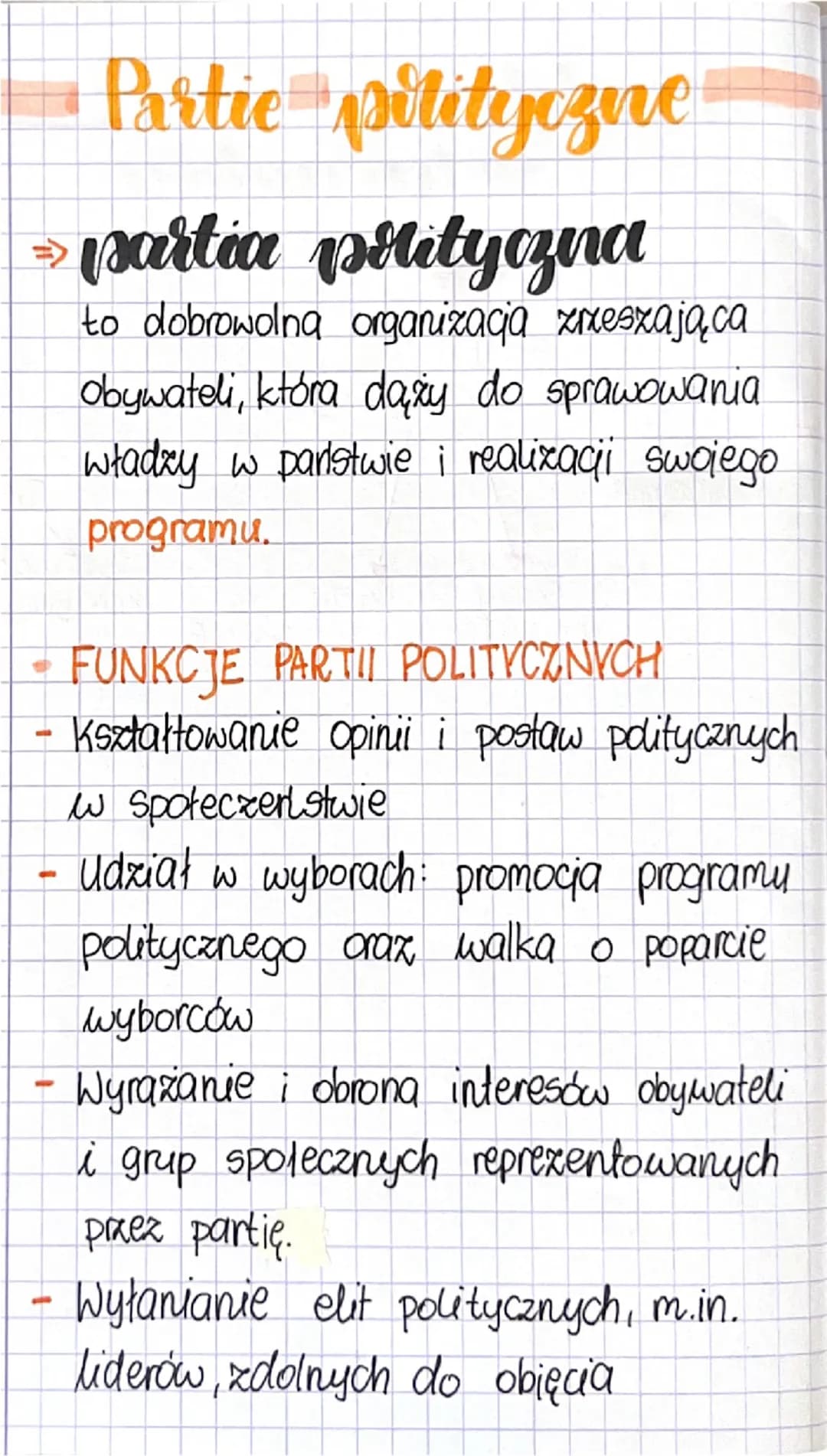 # Partie polityczne

=> partia polityczna
to dobrowolna organizacja zrzeszająca obywateli, która dąży do sprawowania władzy w państwie i rea
