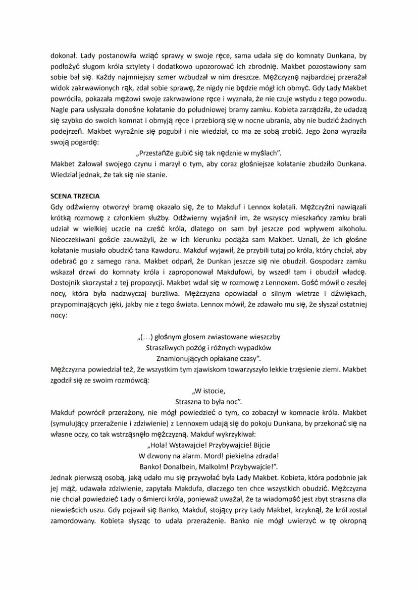 1. Streszczenie szczegółowe
Akcja toczy się w Szkocji, a pod koniec czwartego aktu przenosi się do Anglii.
AKT PIERWSZY
SCENA PIERWSZA
Na ot