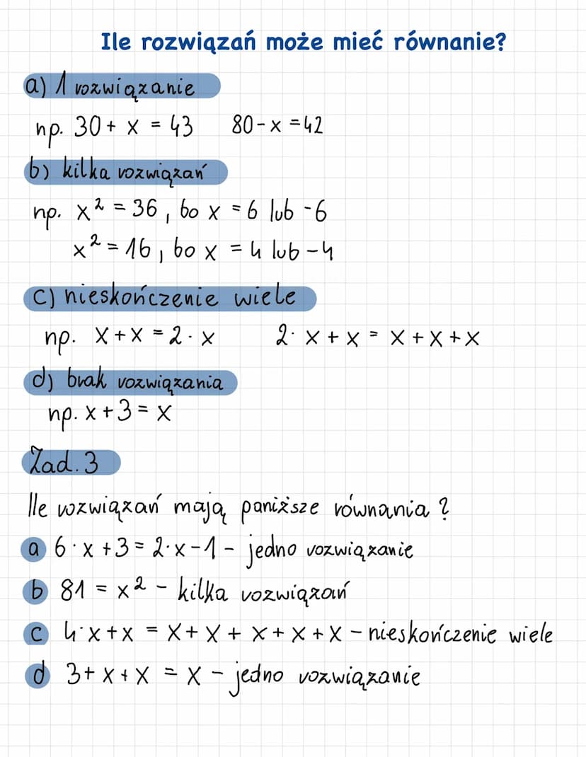 Matematyka
6·x+2=16-X
lewa, strona
równania
prawa strona
równania
Temat: Równania
znak równości
Zad.1
Asia ma o 7 dlugopisów więcej niż Ania