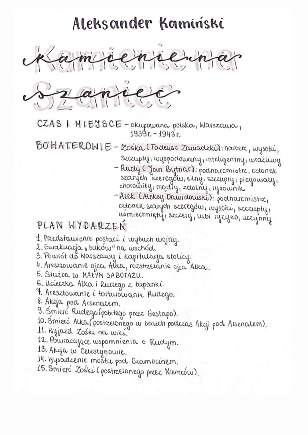 Aleksander Kamiński
Kamienieina
Szaniec
CZAS I MIEJSCE-okupowana polska, Warszawa,
BOHATEROWIE
1939r.-1943r.
- Zośka (Tadeusz Zawadzki): har