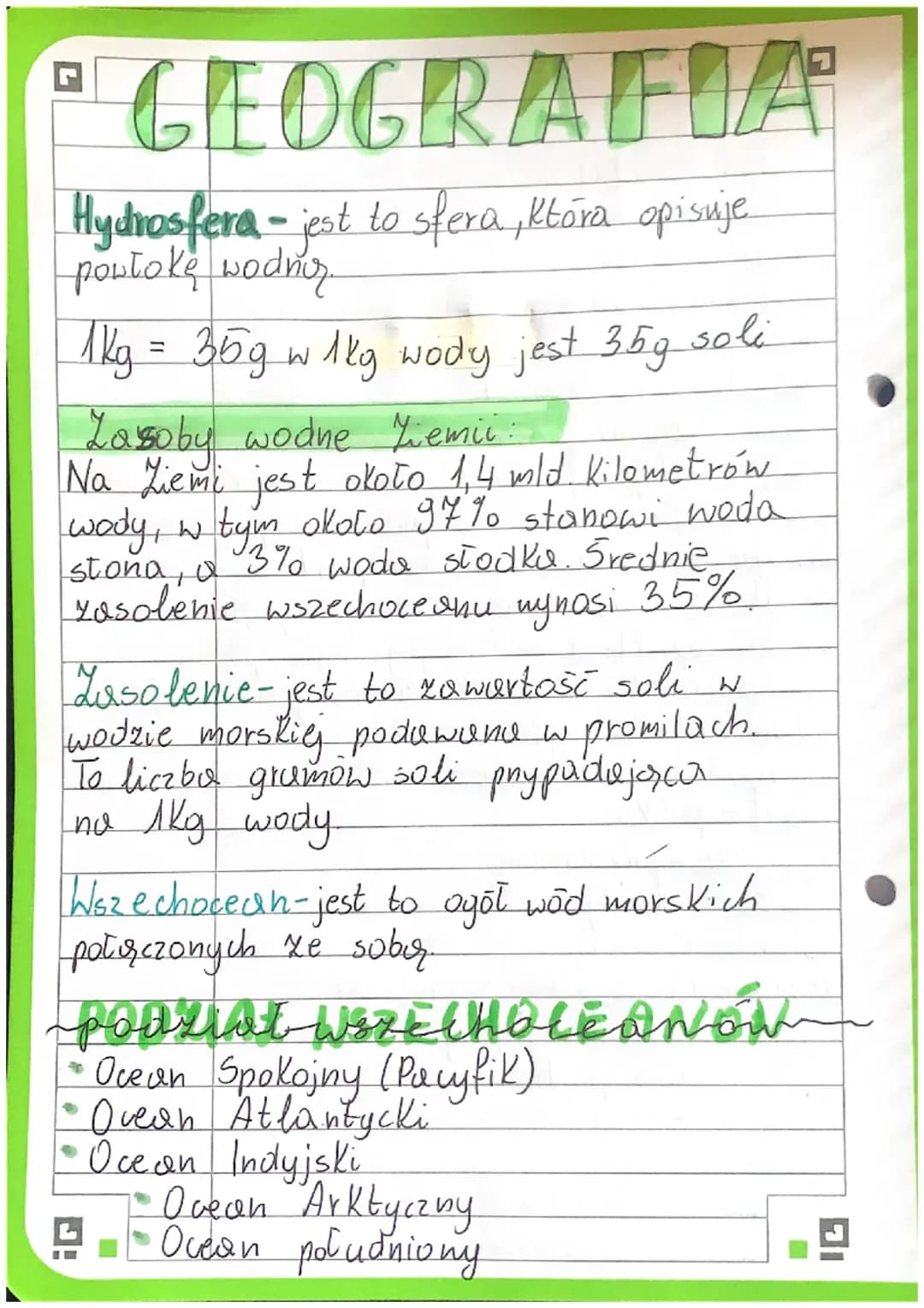 GEOGRAFIA
Hydrosfera - jest to sfera, która opisuje
powłokę wodner.
1kg = 35g w1kg wody jest 3.5g soli
Lasoby wodne Ziemii:
Na Liemi jest ok