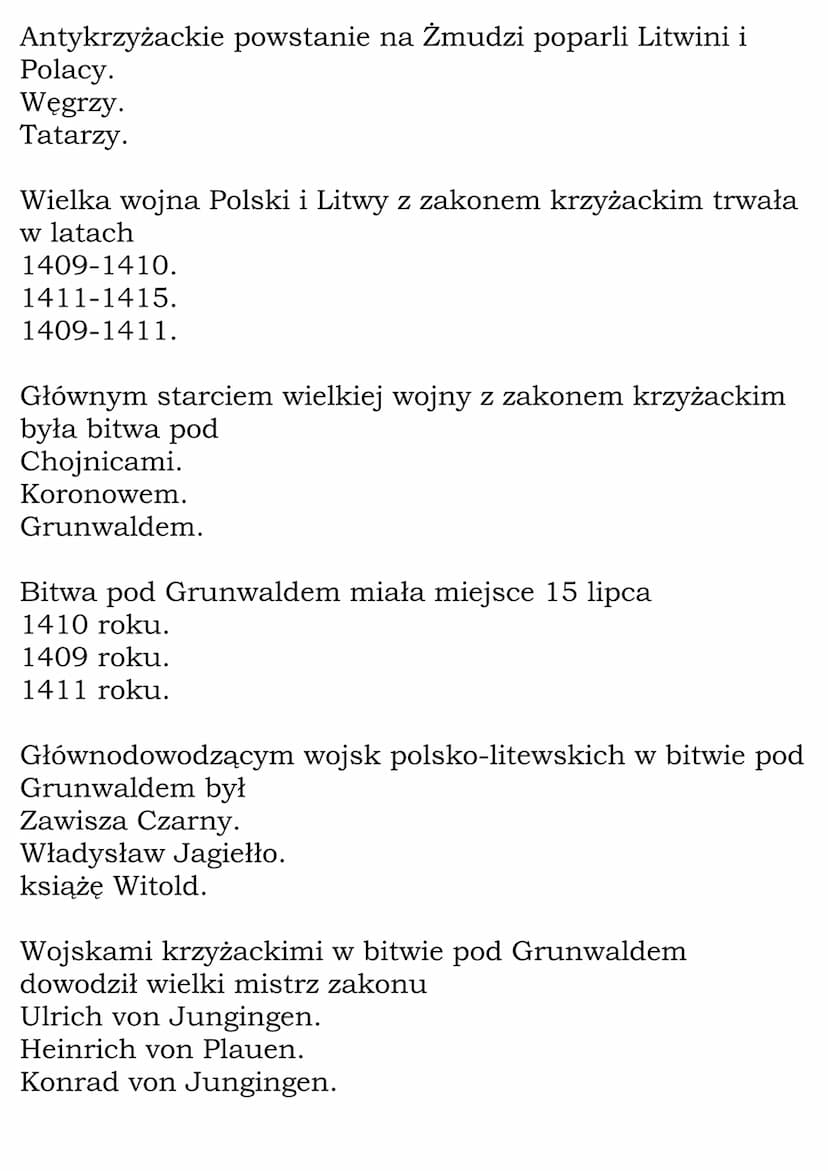 Wielka wojna z
Krzyżakami
Test
Zakon Szpitala Najświętszej Marii Panny Domu
Niemieckiego w Jerozolimie to inaczej
Krzyżacy.
templariusze.
jo