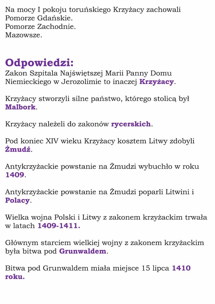 Wielka wojna z
Krzyżakami
Test
Zakon Szpitala Najświętszej Marii Panny Domu
Niemieckiego w Jerozolimie to inaczej
Krzyżacy.
templariusze.
jo