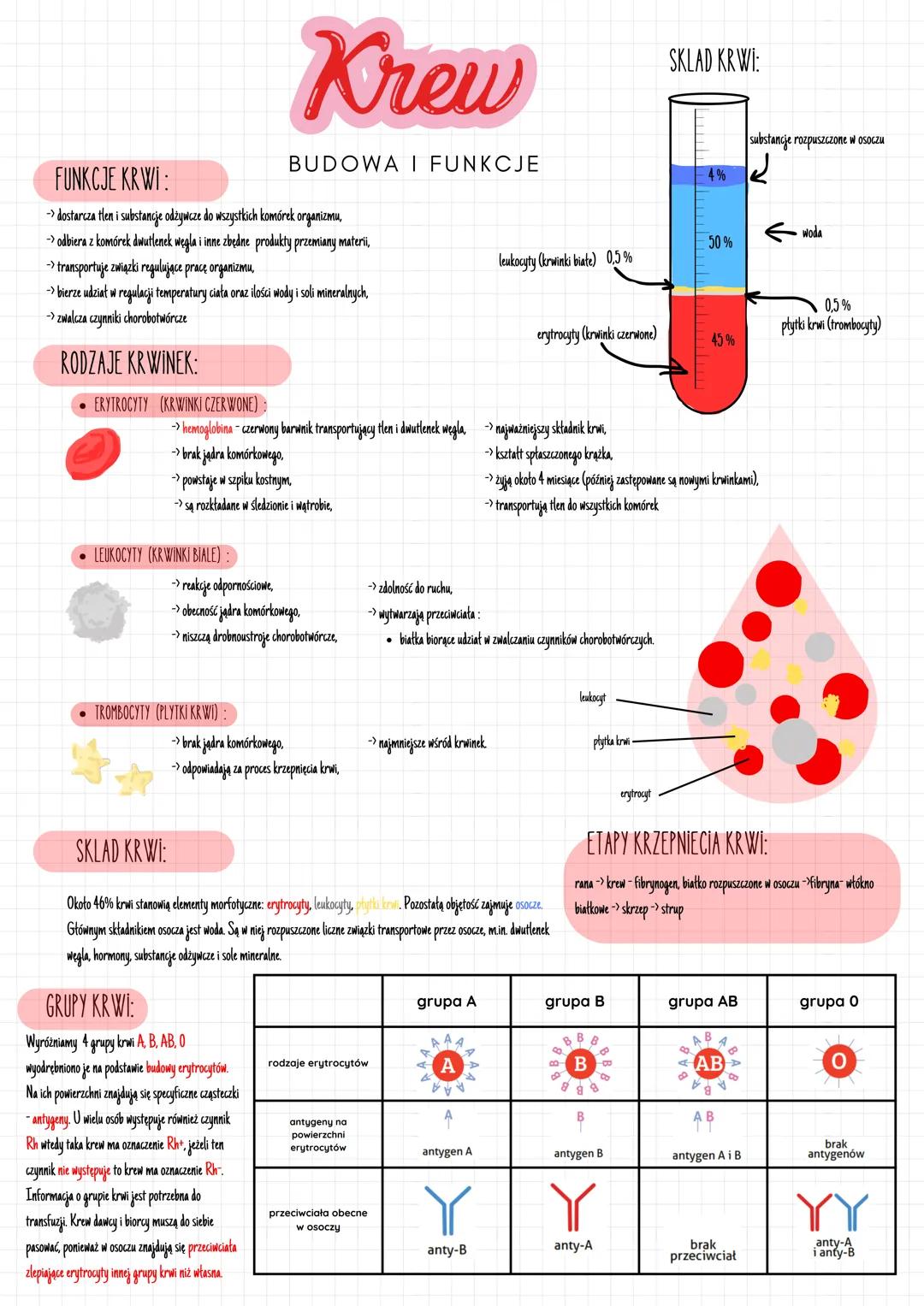 # Krew

BUDOWA I FUNKCJE

FUNKCJE KRWI:

-> dostarcza tlen i substancje odżywcze do wszystkich komórek organizmu,

-> odbiera z komórek dwut