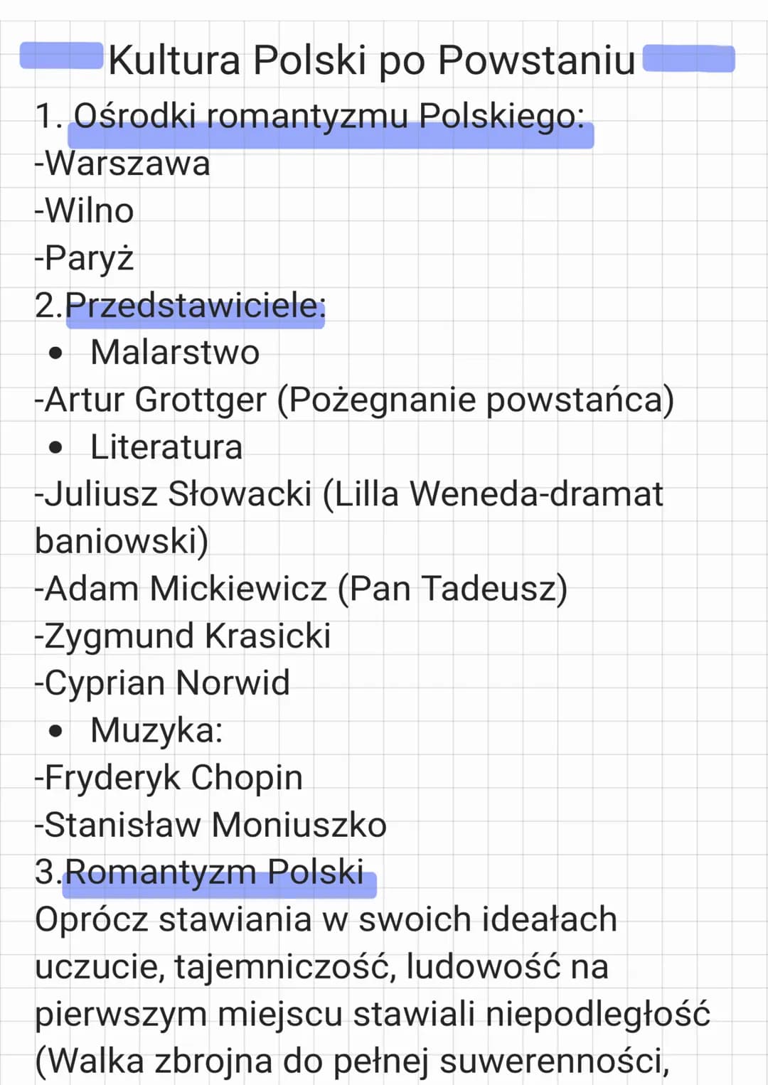 Kultura Polski po Powstaniu
1. Ośrodki romantyzmu Polskiego:
-Warszawa
-Wilno
-Paryż
2. Przedstawiciele:
• Malarstwo
-Artur Grottger (Pożegn