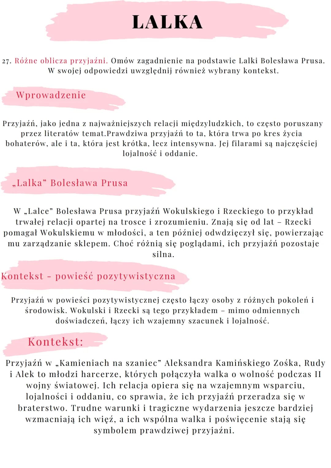 --- OCR Start ---
LALKA
27. Różne oblicza przyjaźni. Omów zagadnienie na podstawie Lalki Bolesława Prusa.
W swojej odpowiedzi uwzględnij rów