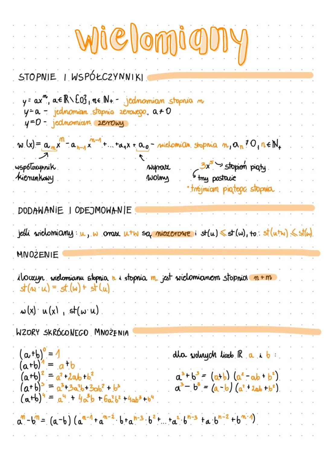 STOPNIE I WSPÓŁCZYNNIKI
y = ax", aR\{0}, ne N+- jednomian stopnia m
y-a jednomian stopnia zerowego, a +0
y=0 - jednomian zerowy.
w. (x) = ax