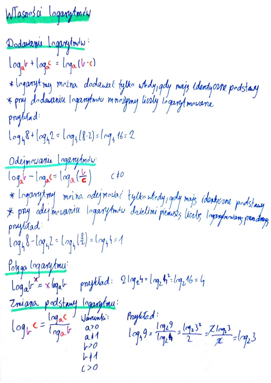 Własności logarytmów
Dodawanie logarytorów:
Legal + log₂² = Legall-c)
*
Iogaryt my można dodawać tylko wtedy, gdy mają identyczne podstawy
d