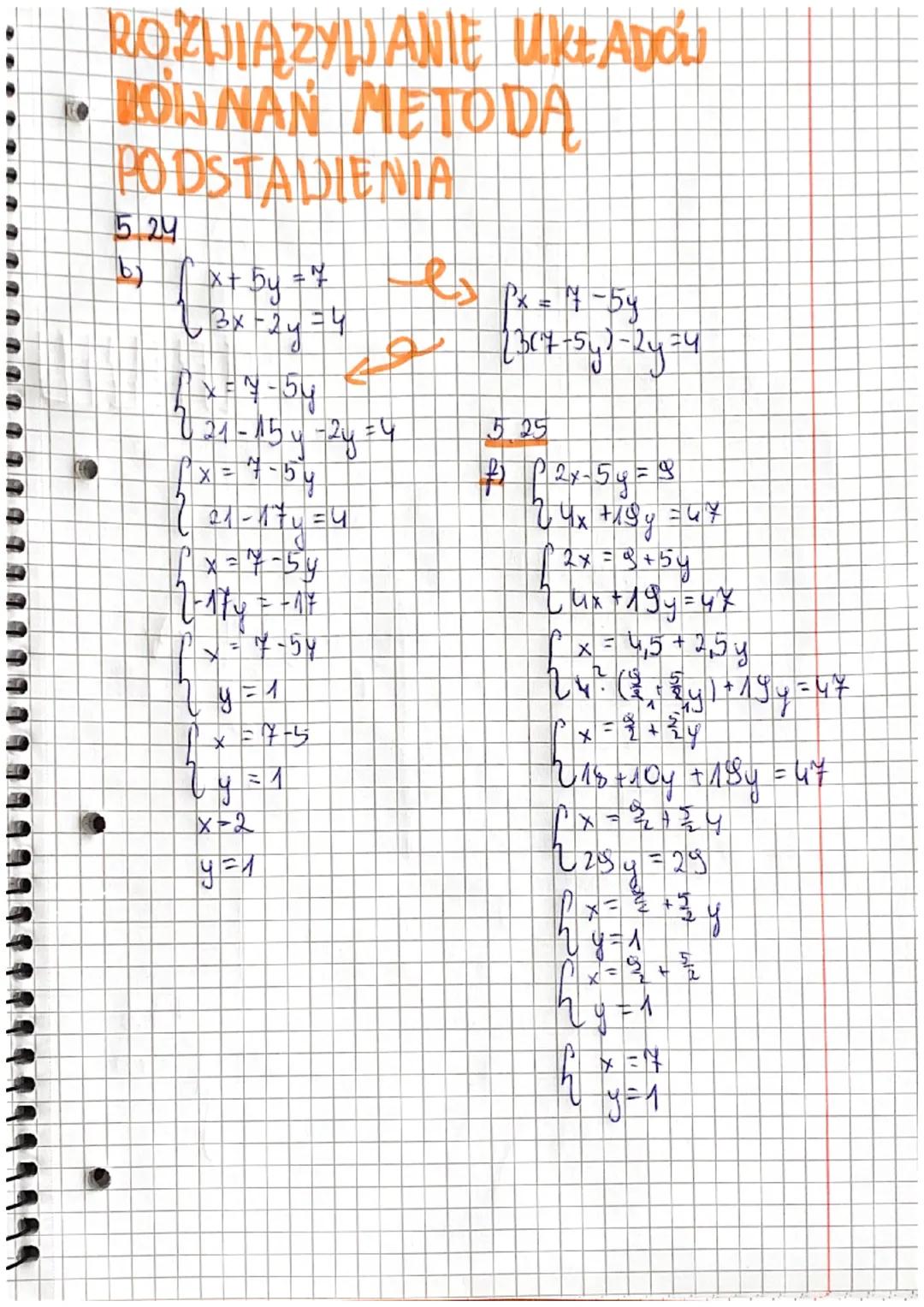 # ROZWIĄZYWANIE UKŁADÓW

• RONNAN METODĄ

PODSTAWIENIA

5 24

b)

$
\begin{cases}
x + 5y = 7 \\
3x-2y=4
\end{cases}
$

h

1 [30%-sy)-2y=4

2