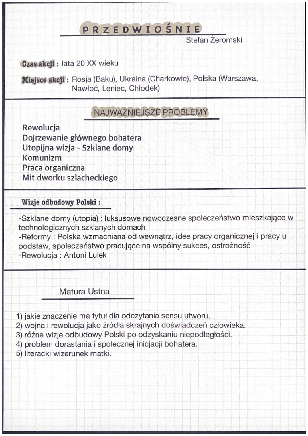PRZEDWIOŚNIE
Stefan Żeromski
Epoka literacka: dwudziestolecie międzywojenne
Rodzaj: epika
Gatunek: powieść nowoczesna, powieść polityczno-ob
