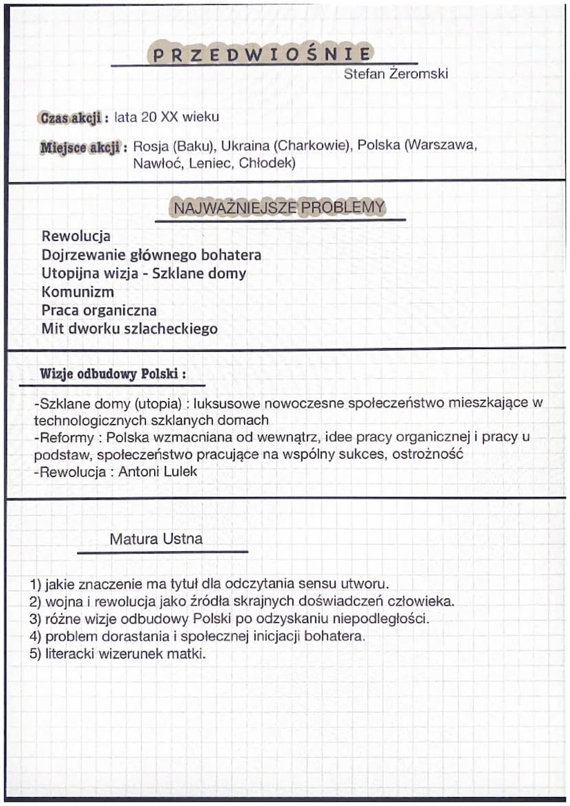 PRZEDWIOŚNIE
Stefan Żeromski
Epoka literacka: dwudziestolecie międzywojenne
Rodzaj: epika
Gatunek: powieść nowoczesna, powieść polityczno-ob