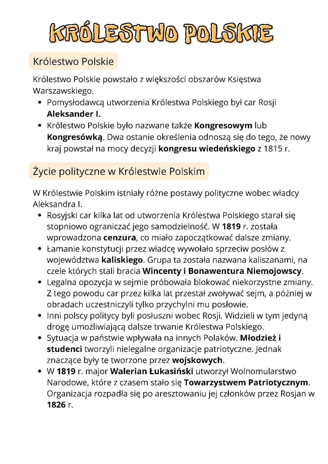 Królestwo Polskie 1815-1830 – Notatka: Powstanie Listopadowe, Konstytucja, Gospodarka