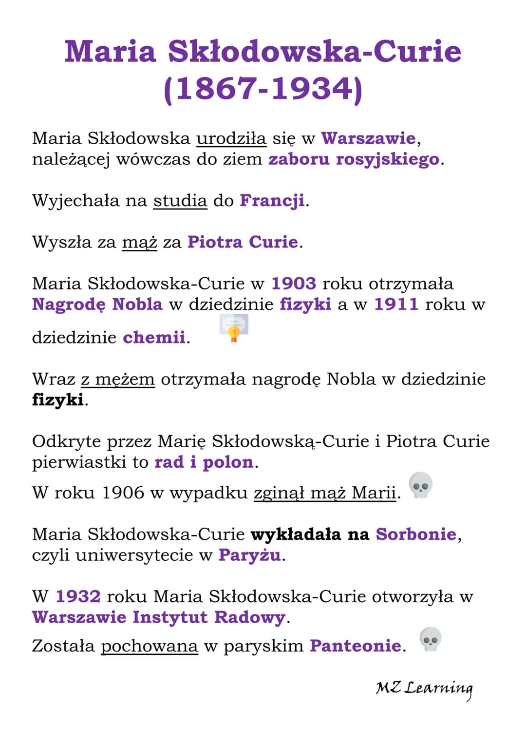 Maria Skłodowska-Curie
(1867-1934)
Maria Skłodowska urodziła się w Warszawie,
należącej wówczas do ziem zaboru rosyjskiego.
Wyjechała na stu