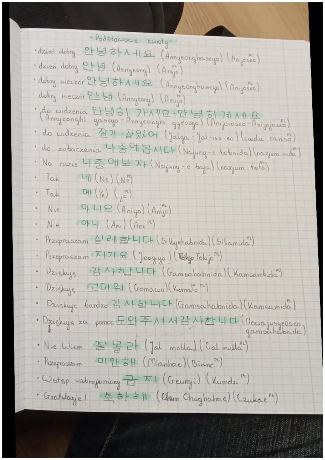 • dzień dobry of
•Podstawowe xwroty-
of^ +1
• dzień dobry of (Annyeong) (Anjo)
• dobry wieczór tot 1-11 (Annyeonghaseyo) (Anijoseo)
• dobry 