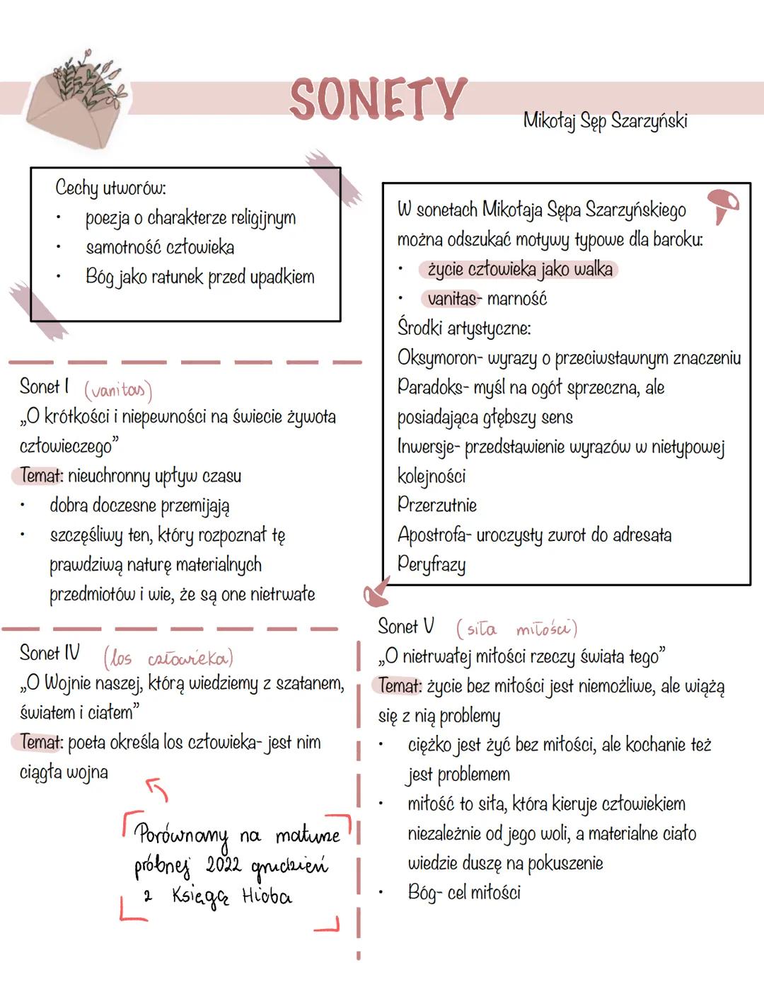 Cechy utworów:
.
SONETY
poezja o charakterze religijnym
samotność człowieka
Bóg jako ratunek przed upadkiem
Sonet I (vanitas)
„O krótkości i