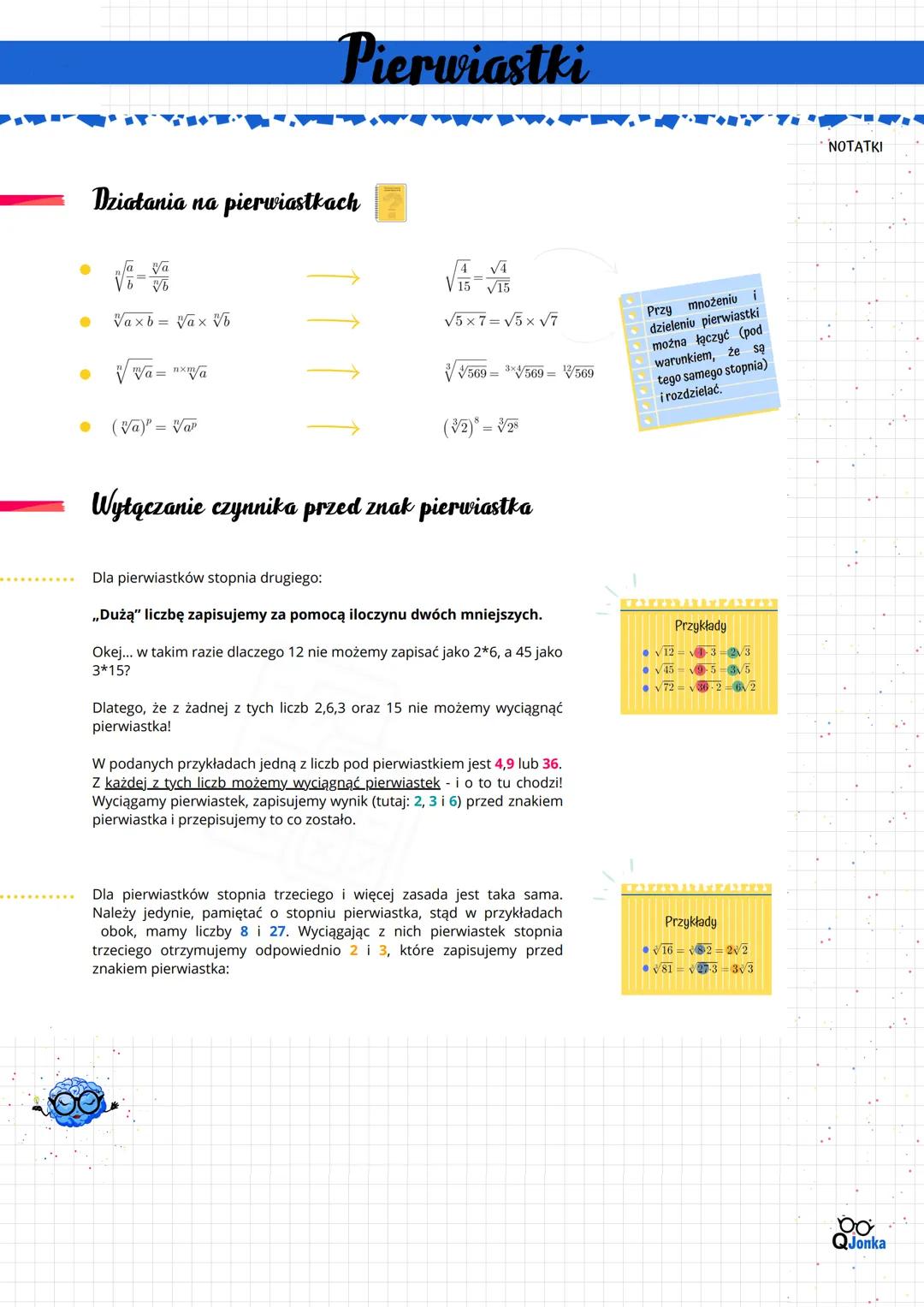Działania na pierwiastkach
=
Va
Vb
Vaxb Vax Vb
Wa= "xma
Pierwiastki
(Va)" = Va
4 √4
√5x7= √5 x √7
569 = ³/569 = 1/569
(32) = 328
Wyłączanie 