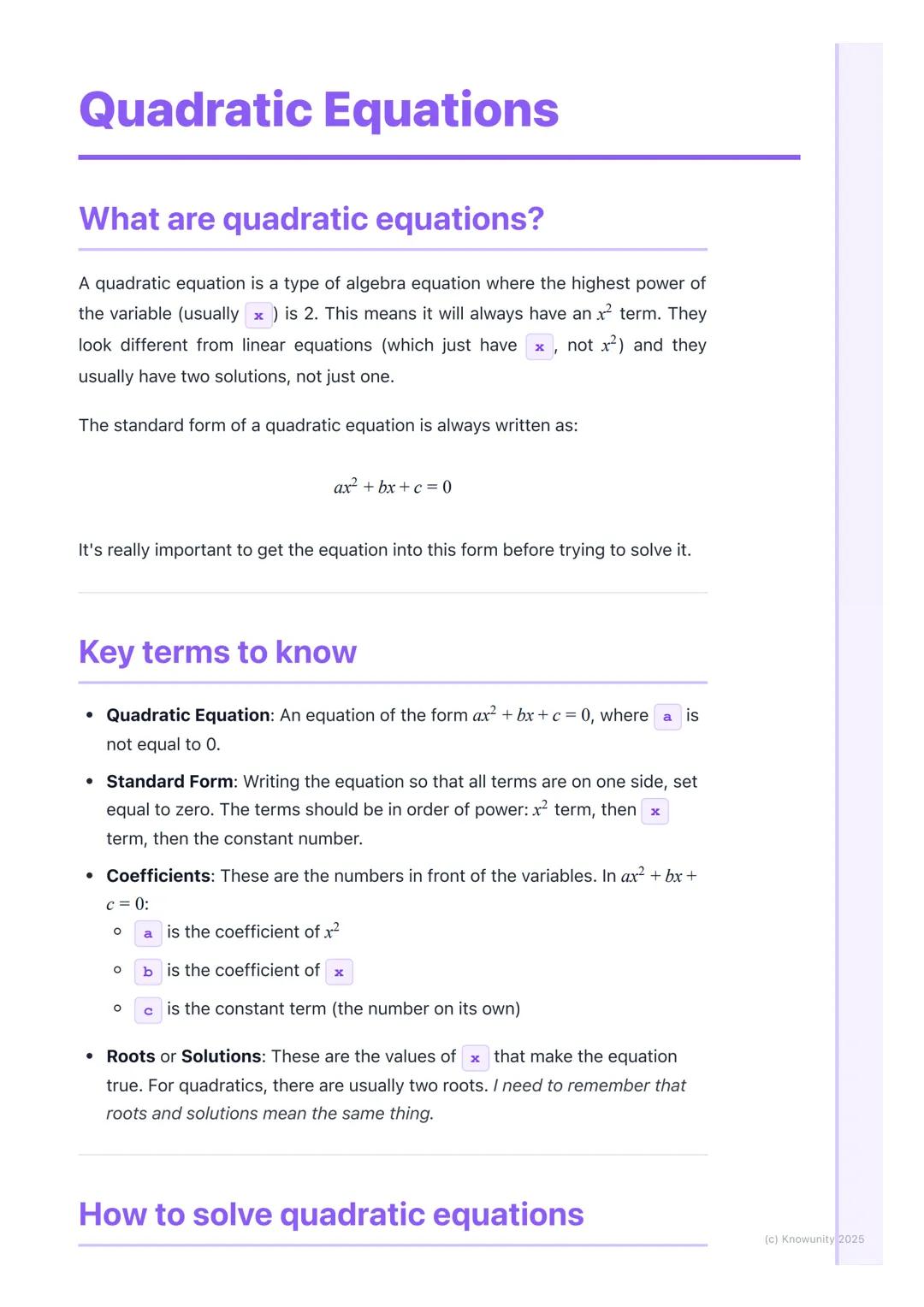 # Quadratic Equations

## What are quadratic equations?

A quadratic equation is a type of algebra equation where the highest power of
the v