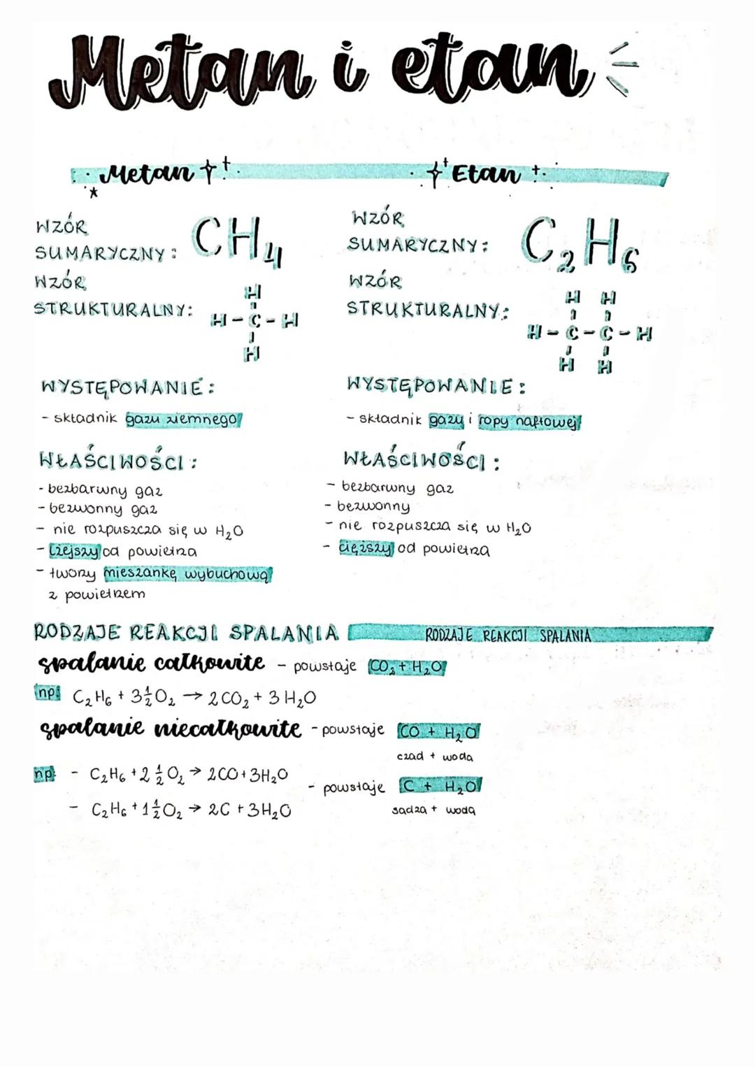 # Metan i etan

Metan
*
WZÓR
$CH_4$
WZÓR
11
SUMARYCZNY:
WZÓR
H
STRUKTURALNY: H-C-H
WYSTĘPOWANIE:

- składnik gazu ziemnego

WŁAŚCIWOŚCI:

H
