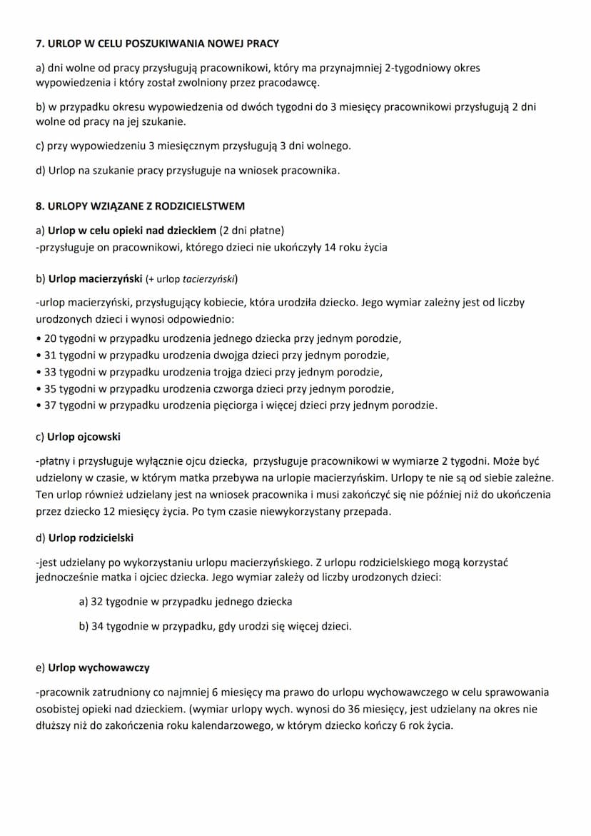 1. URLOP
URLOPY
a) czas wolny od świadczenia pracy przez pracownika;
b) w tym czasie może pracownik lub nie otrzymać wynagrodzenia;
c) nie m
