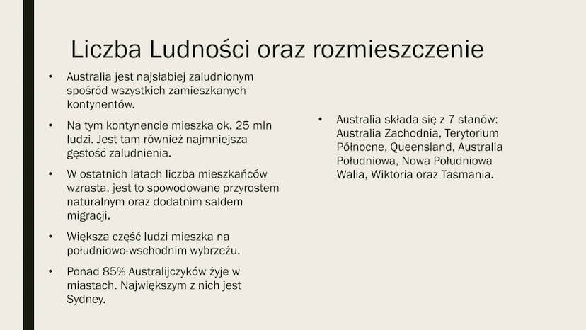 LUDNOŚĆ I
GOSPODARKA
AUSTRALII
Knowunity: baby.m.o.a ●
●
Liczba Ludności oraz rozmieszczenie
Australia jest najsłabiej zaludnionym
spośród w