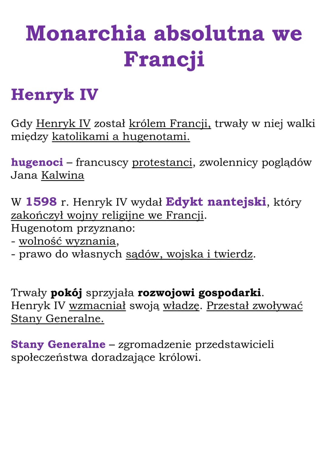 Monarchia absolutna we
Francji
Henryk IV
Gdy Henryk IV został królem Francji, trwały w niej walki
między katolikami a hugenotami.
hugenoci -