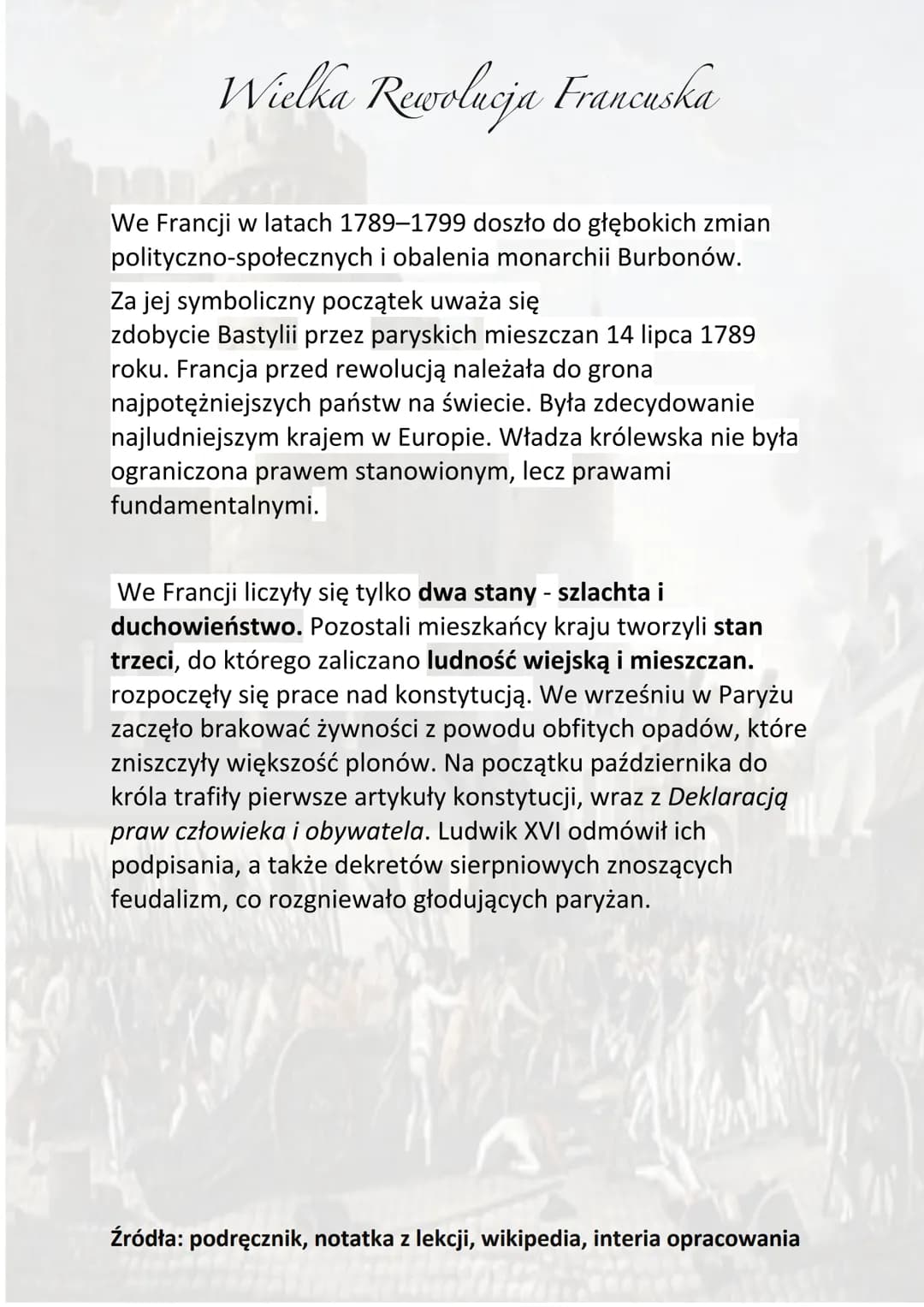 Wielka Rewolucja Francuska
We Francji w latach 1789-1799 doszło do głębokich zmian
polityczno-społecznych i obalenia monarchii Burbonów.
Za 