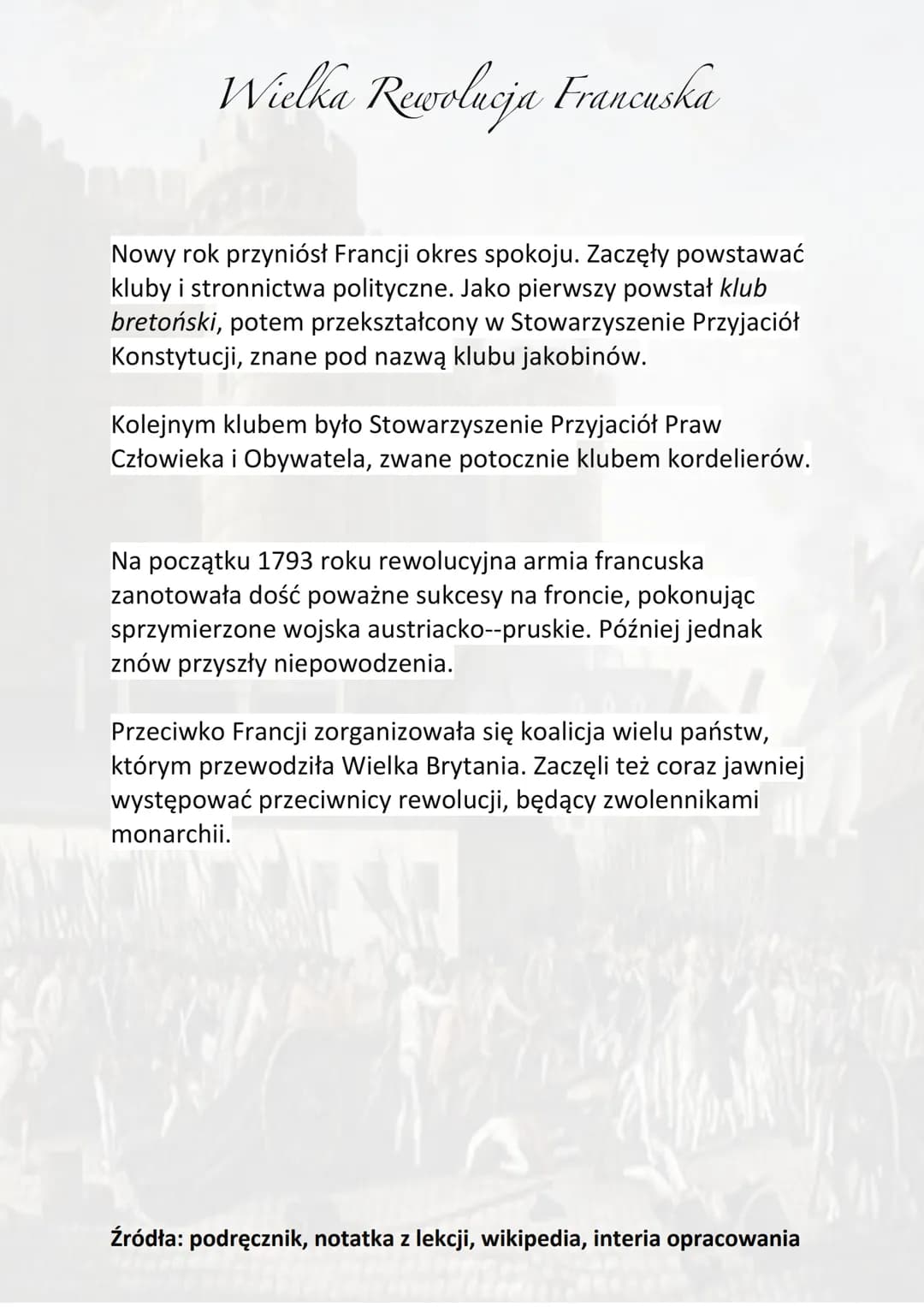 Wielka Rewolucja Francuska
We Francji w latach 1789-1799 doszło do głębokich zmian
polityczno-społecznych i obalenia monarchii Burbonów.
Za 